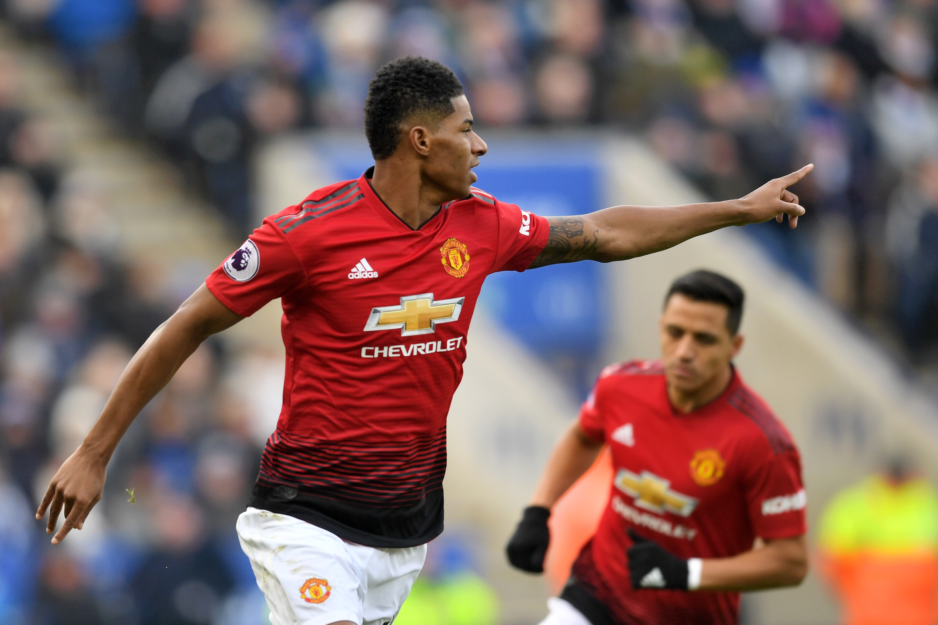 LEICESTER, ENGLAND - FEBRUARY 03:  Marcus Rashford of Manchester United celebrates after scoring his team's first goal during the Premier League match between Leicester City and Manchester United at The King Power Stadium on February 3, 2019 in Leicester, United Kingdom.  (Photo by Michael Regan/Getty Images)