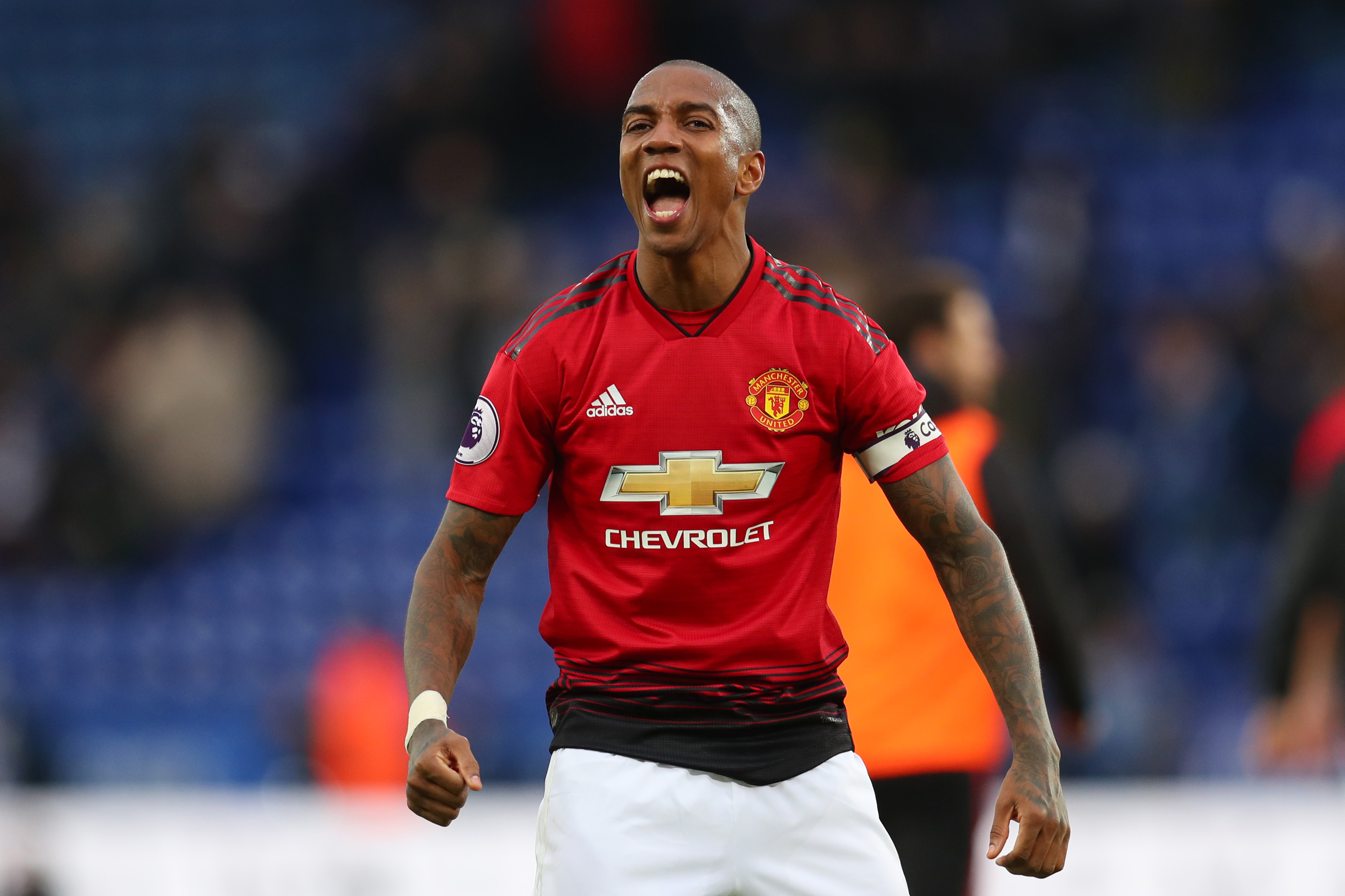 LEICESTER, ENGLAND - FEBRUARY 03: Ashley Young of Manchester United celebrates victory following the Premier League match between Leicester City and Manchester United at The King Power Stadium on February 3, 2019 in Leicester, United Kingdom.  (Photo by Catherine Ivill/Getty Images)