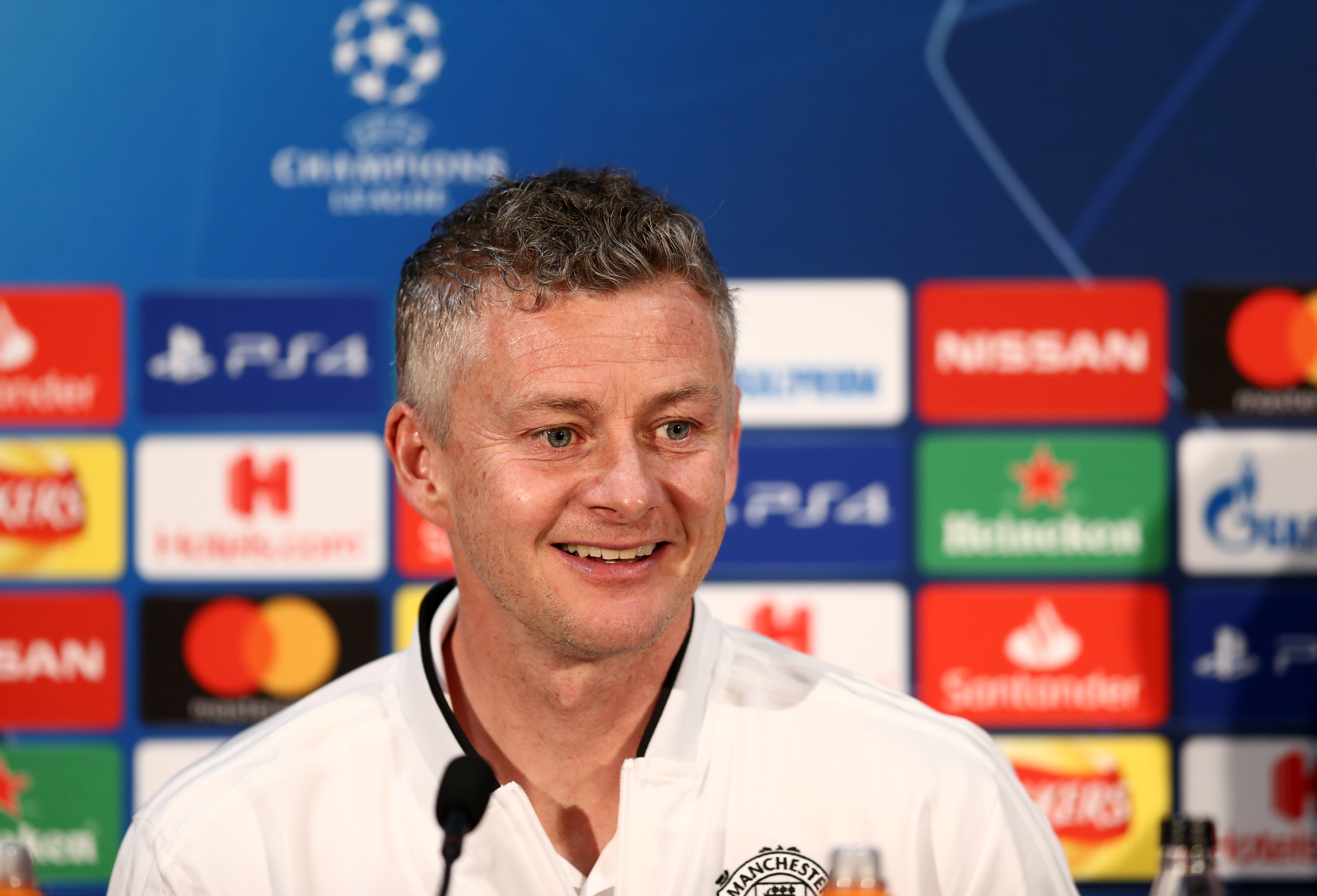MANCHESTER, ENGLAND - FEBRUARY 11:  Ole Gunnar Solskjaer, Interim Manager of Manchester United reacts during a press conference ahead of their UEFA Champions League Round of 16 match against Paris Saint-Germain F.C. at Aon Training Complex on February 11, 2019 in Manchester, England.  (Photo by Jan Kruger/Getty Images)