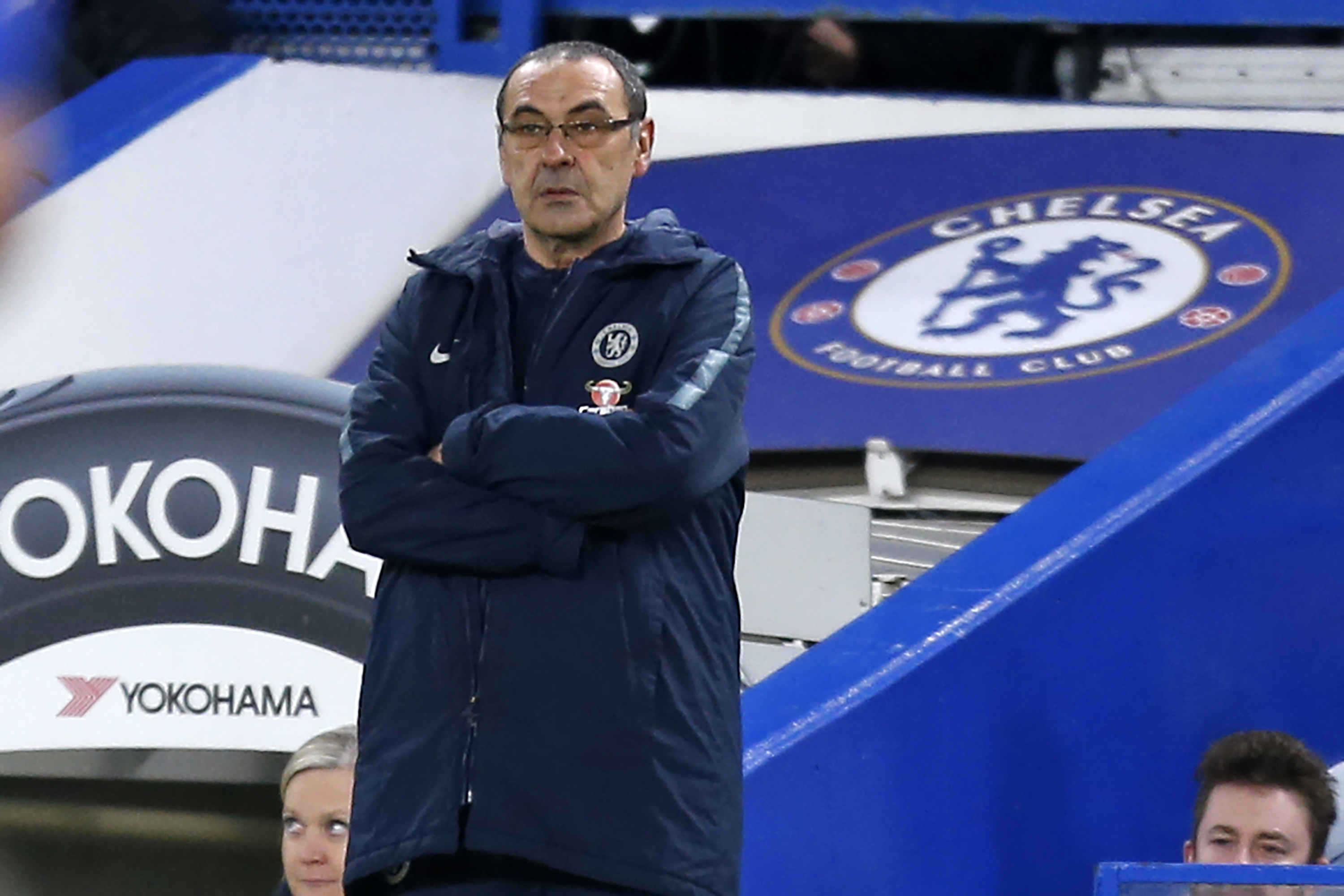 Chelsea's Italian head coach Maurizio Sarri watches from the touchline during the English FA Cup fifth round football match between Chelsea and Manchester United at Stamford Bridge in London on February 18, 2019. (Photo by Ian KINGTON / AFP) / RESTRICTED TO EDITORIAL USE. No use with unauthorized audio, video, data, fixture lists, club/league logos or 'live' services. Online in-match use limited to 120 images. An additional 40 images may be used in extra time. No video emulation. Social media in-match use limited to 120 images. An additional 40 images may be used in extra time. No use in betting publications, games or single club/league/player publications. /         (Photo credit should read IAN KINGTON/AFP/Getty Images)