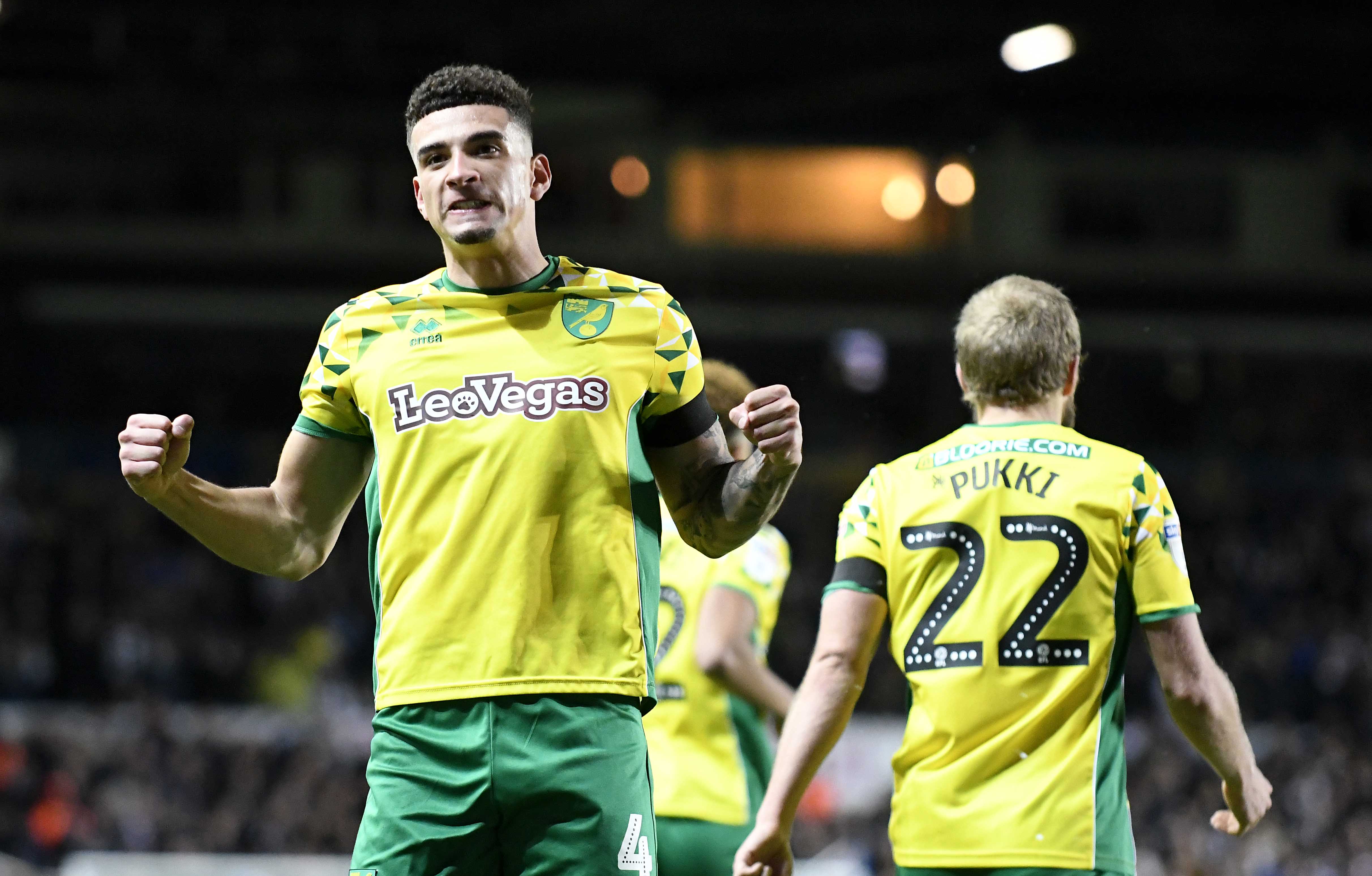 LEEDS, ENGLAND - FEBRUARY 02: Ben Godfrey of Norwich City celebrates his sides second goal scored by Teemu Pukki during the Sky Bet Championship match between Leeds United and Norwich City at Elland Road on February 02, 2019 in Leeds, England. (Photo by George Wood/Getty Images)
