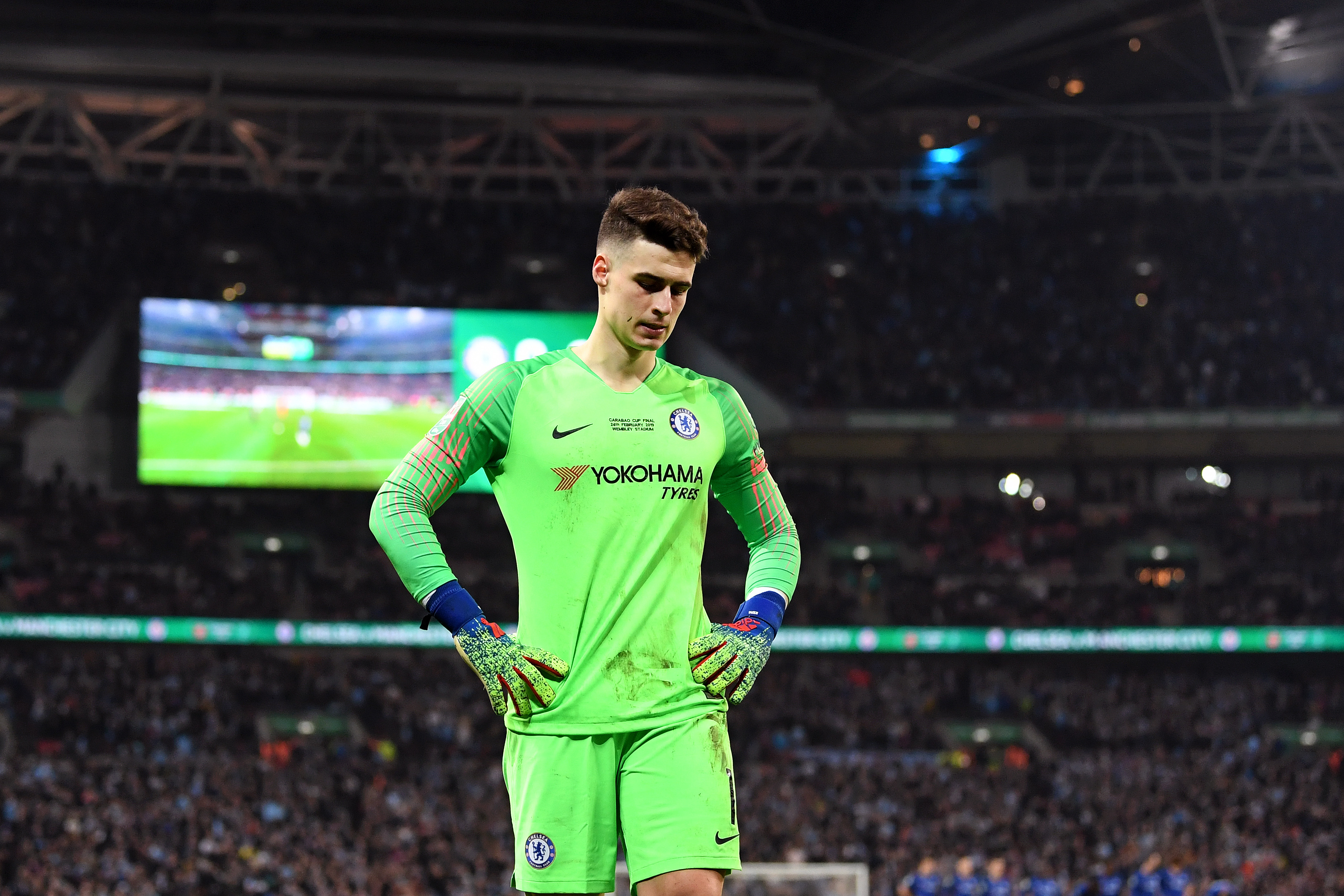 LONDON, ENGLAND - FEBRUARY 24:  Kepa Arrizabalaga of Chelsea looks dejected following the Carabao Cup Final between Chelsea and Manchester City at Wembley Stadium on February 24, 2019 in London, England.  (Photo by Michael Regan/Getty Images)