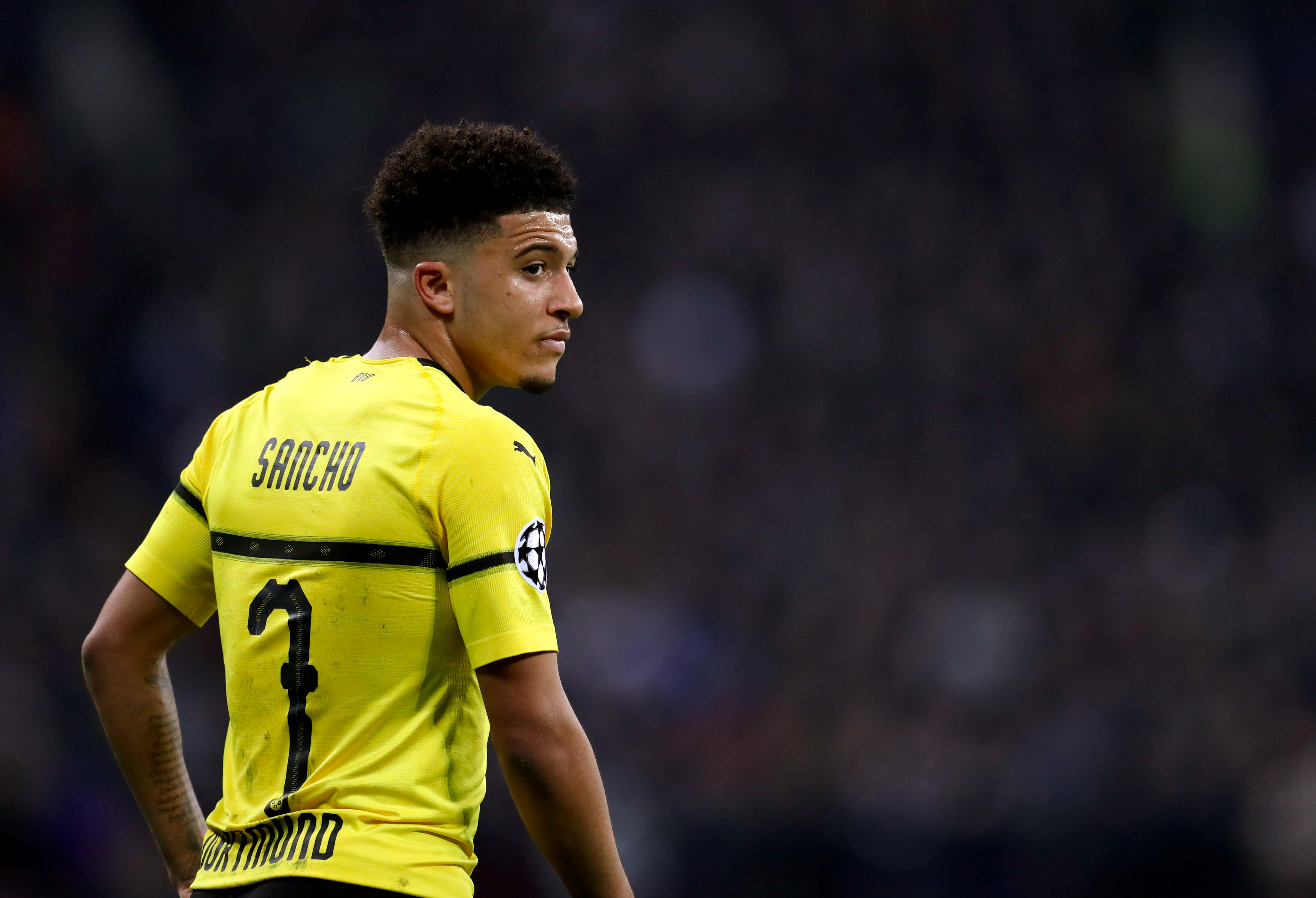 LONDON, ENGLAND - FEBRUARY 13: Jadon Sancho of Dortmund  during the UEFA Champions League Round of 16 First Leg match between Tottenham Hotspur and Borussia Dortmund at Wembley Stadium on February 13, 2019 in London, England. (Photo by Catherine Ivill/Getty Images)