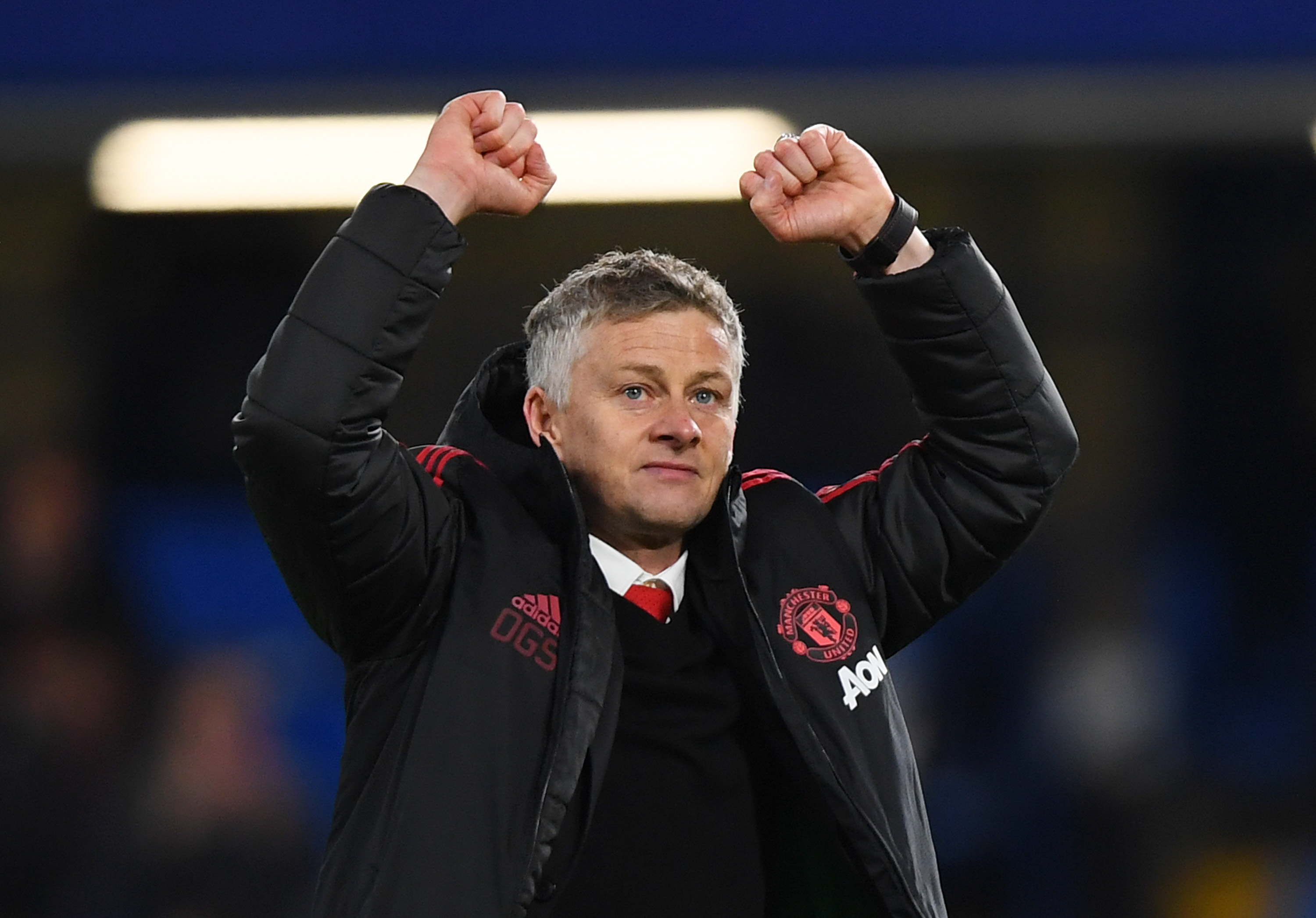 LONDON, ENGLAND - FEBRUARY 18:  Ole Gunnar Solskjaer, Interim Manager of Manchester United celebrates victory after the FA Cup Fifth Round match between Chelsea and Manchester United at Stamford Bridge on February 18, 2019 in London, United Kingdom. (Photo by Mike Hewitt/Getty Images)