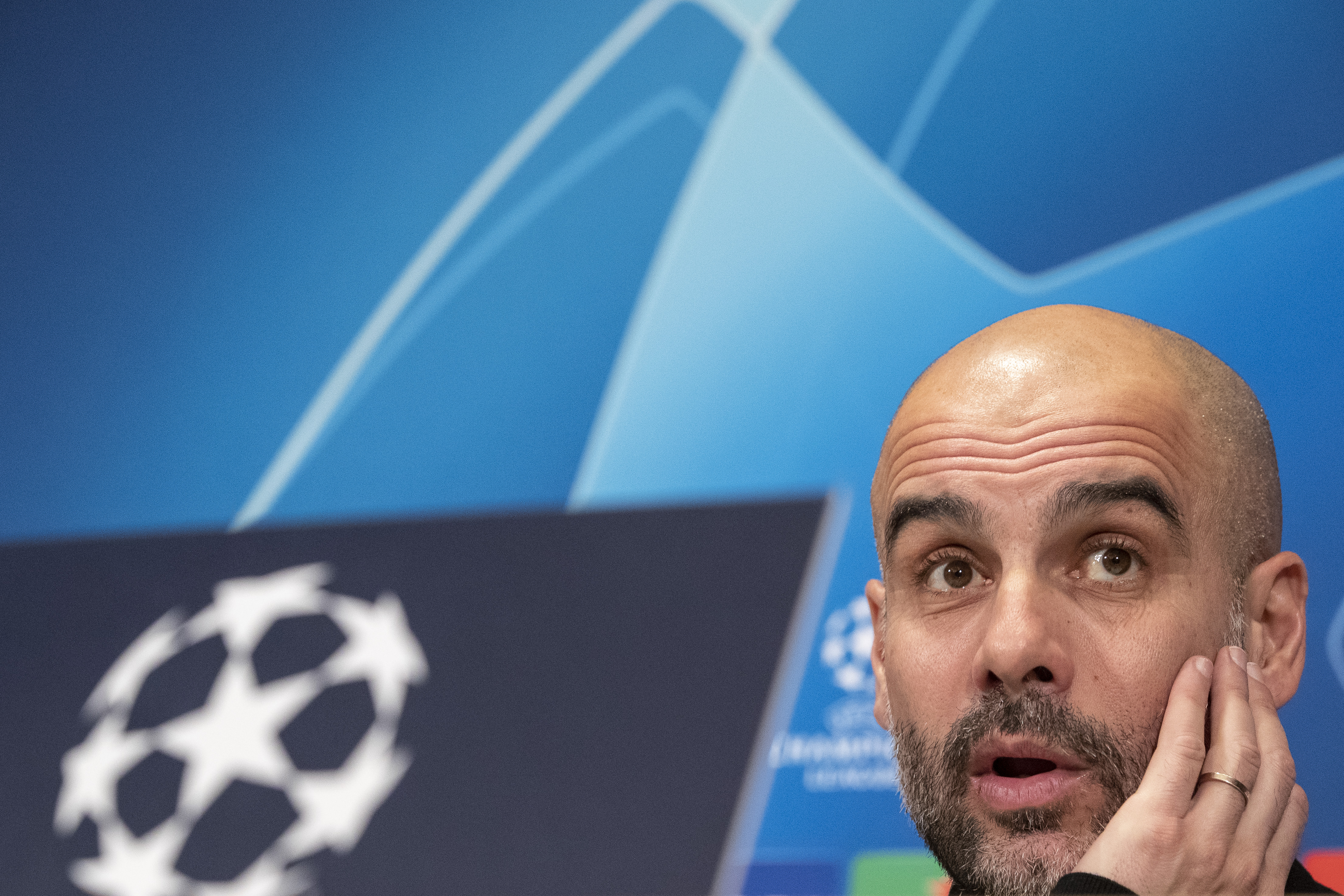 ESSEN, GERMANY - FEBRUARY 19:  Josep Guardiola, Manager of Manchester City speaks during a Manchester City press conference at Philharmonie Essen prior to the UEFA Champions League game against FC Schalke 04 on February 19, 2019 in Essen, Germany. (Photo by Maja Hitij/Bongarts/Getty Images)
