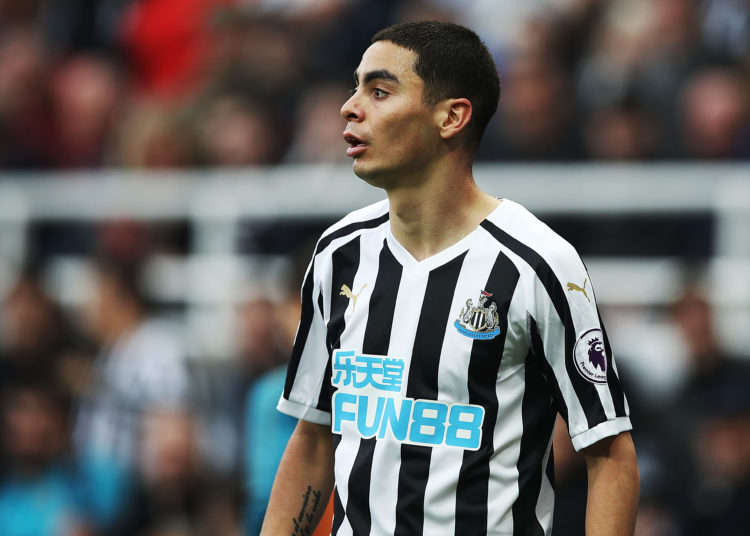 NEWCASTLE UPON TYNE, ENGLAND - FEBRUARY 23: Miguel Almiron of Newcastle United looks on during the Premier League match between Newcastle United and Huddersfield Town at St. James Park on February 23, 2019 in Newcastle upon Tyne, United Kingdom. (Photo by Ian MacNicol/Getty Images)