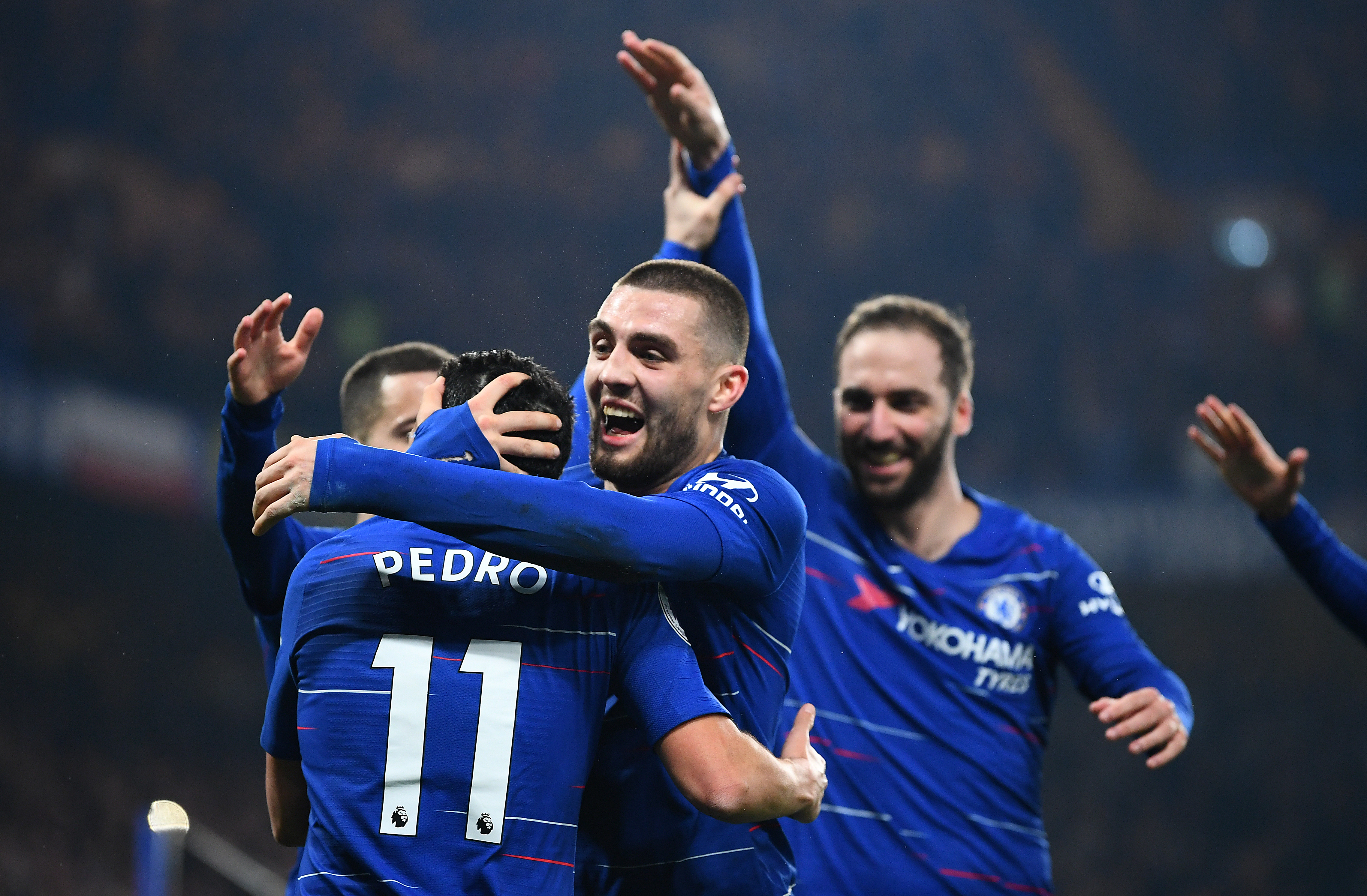 LONDON, ENGLAND - FEBRUARY 27:  Pedro of Chelsea celebrates after scoring his team's first goal during the Premier League match between Chelsea FC and Tottenham Hotspur at Stamford Bridge on February 27, 2019 in London, United Kingdom. (Photo by Clive Mason/Getty Images)
