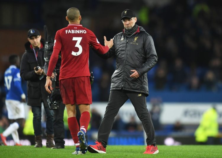 LIVERPOOL, ENGLAND - MARCH 03: Jurgen Klopp, Manager of Liverpool and Fabinho shake hands after the Premier League match between Everton FC and Liverpool FC at Goodison Park on March 03, 2019 in Liverpool, United Kingdom. (Photo by Michael Regan/Getty Images)