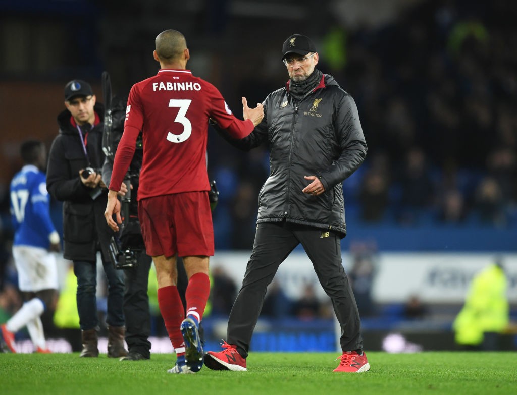 LIVERPOOL, ENGLAND - MARCH 03: Jurgen Klopp, Manager of Liverpool and Fabinho shake hands after the Premier League match between Everton FC and Liverpool FC at Goodison Park on March 03, 2019 in Liverpool, United Kingdom. (Photo by Michael Regan/Getty Images)