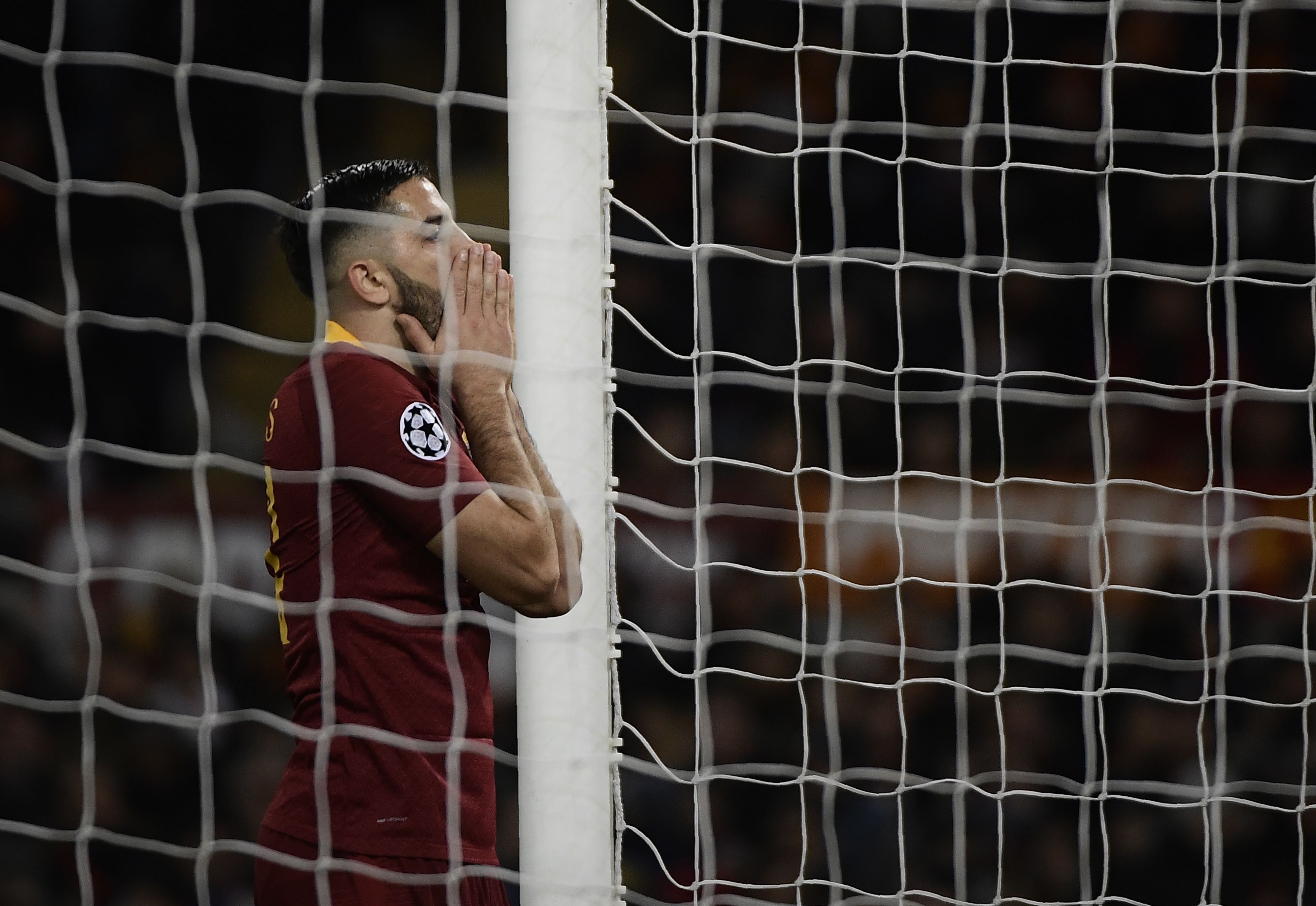 AS Roma Greek defender Konstantinos Manolas reacts after missing a goal during the UEFA Champions League group G football match AS Rome vs Real Madrid on November 27, 2018 at the Olympic stadium in Rome. (Photo by Filippo MONTEFORTE / AFP)        (Photo credit should read FILIPPO MONTEFORTE/AFP/Getty Images)