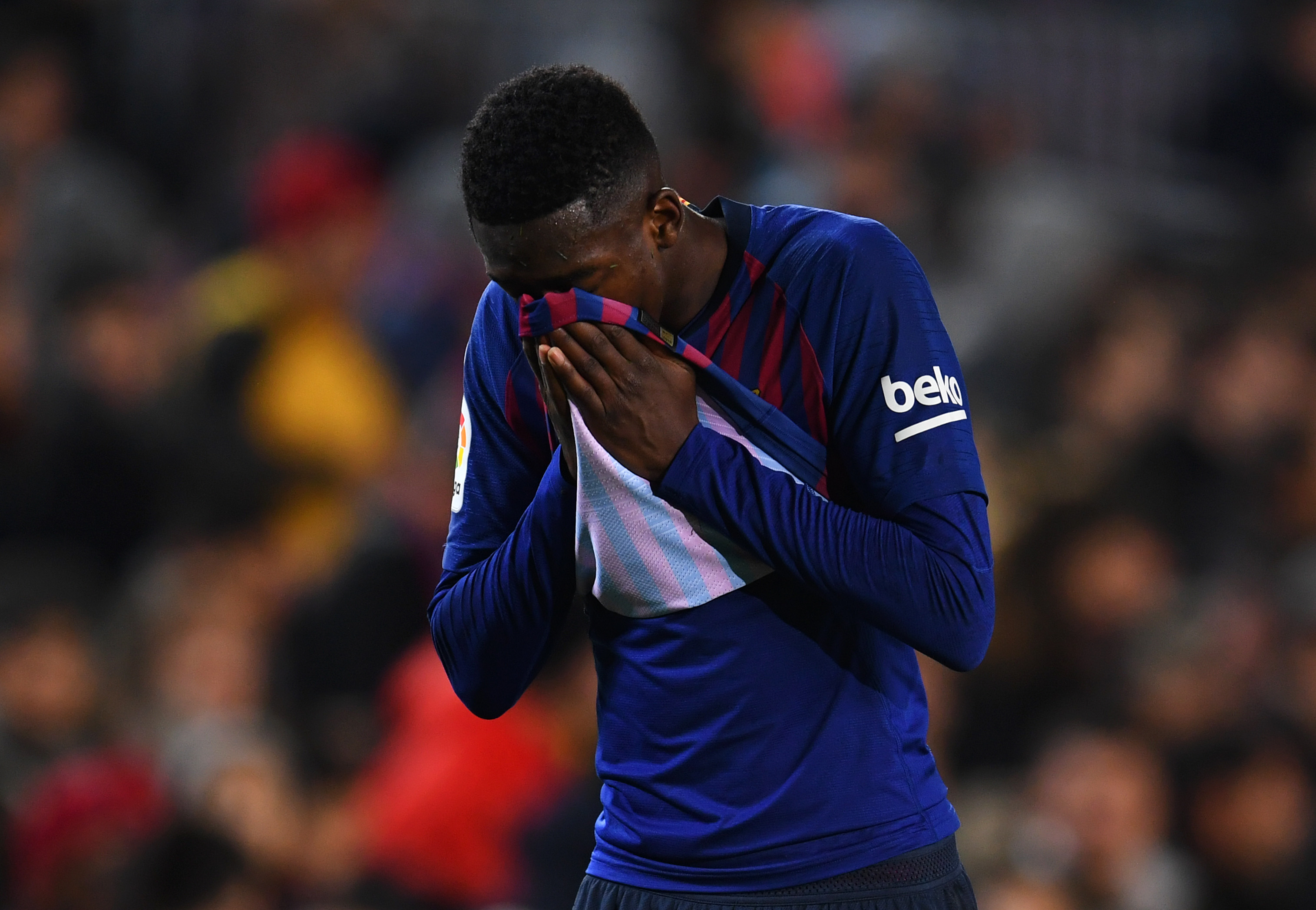 BARCELONA, SPAIN - JANUARY 20:  Ousmane Dembele of Barcelona reacts during the La Liga match between FC Barcelona and CD Leganes at Camp Nou on January 20, 2019 in Barcelona, Spain. (Photo by David Ramos/Getty Images)