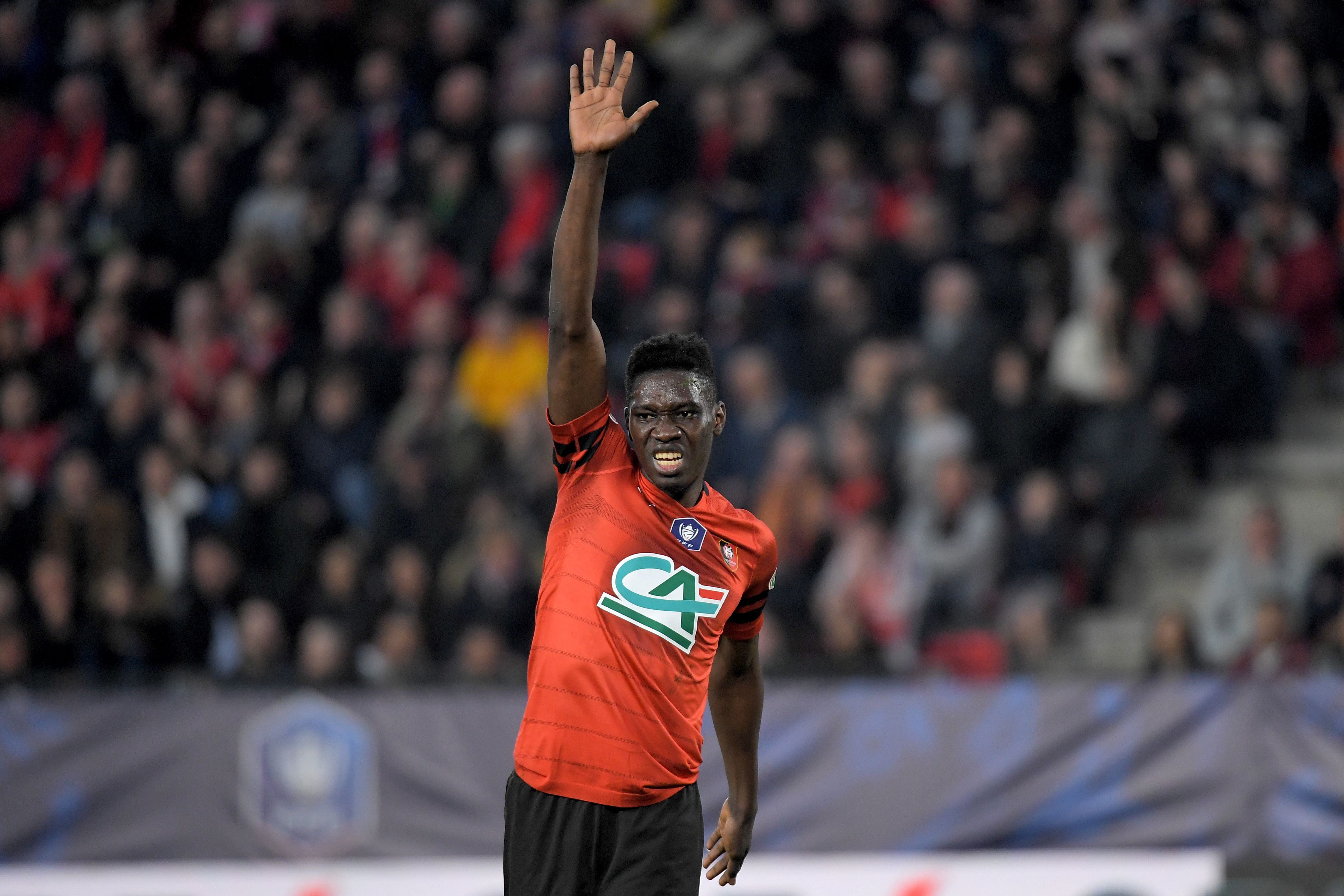 Rennes' Senegalese forward Ismaila Sarr gestures during the French Cup quarter-final football match between Stade Rennais FC and US Orleans Loiret Football at the Roazhon Park stadium in Rennes, northwestern France on February 27, 2019. (Photo by LOIC VENANCE / AFP)        (Photo credit should read LOIC VENANCE/AFP/Getty Images)