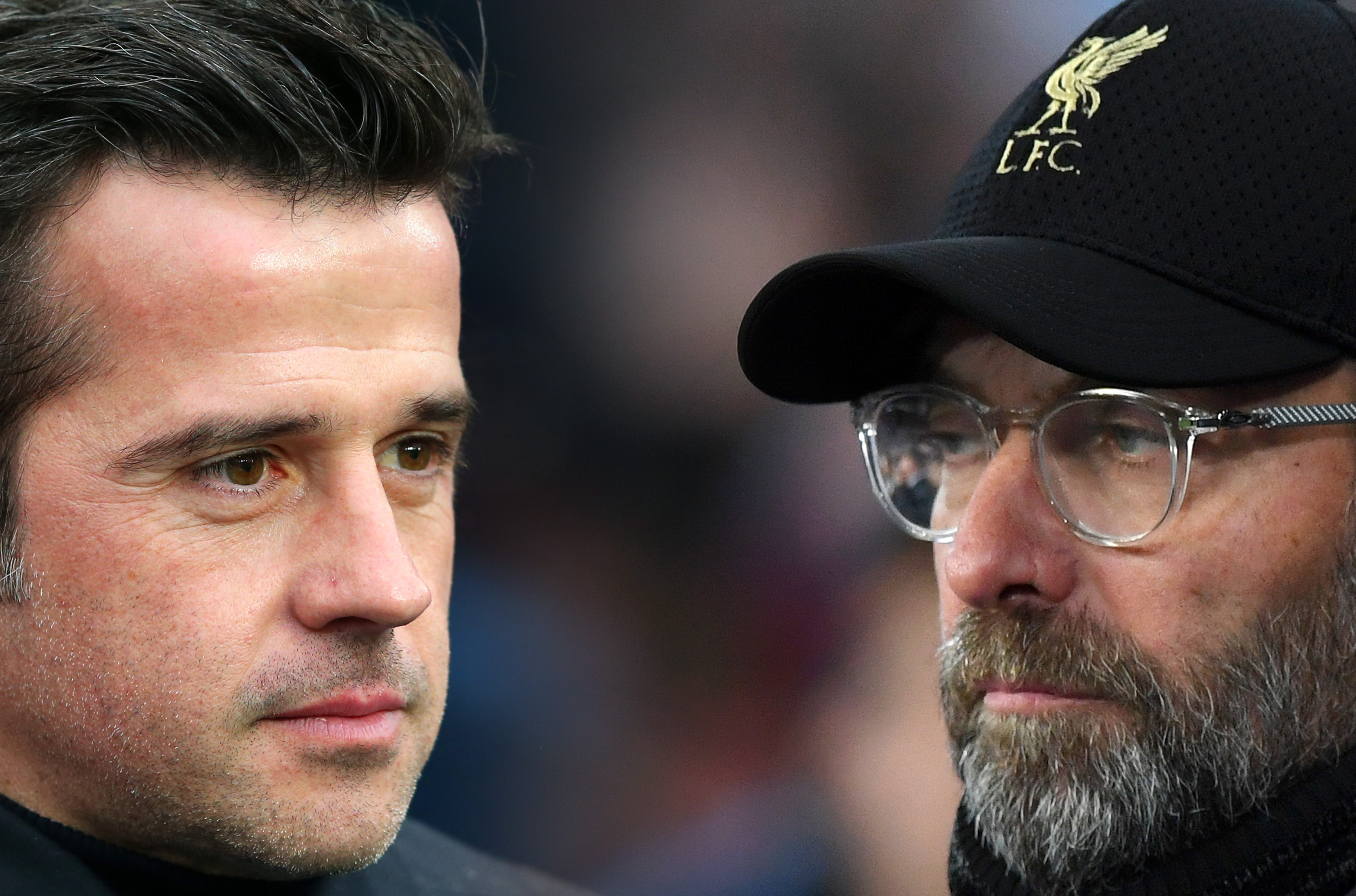 FILE PHOTO (EDITORS NOTE: COMPOSITE OF IMAGES - Image numbers 1073490870,1072868284 - GRADIENT ADDED) In this composite image a comparison has been made between Marco Silva, Manager of Everton (L) and Jurgen Klopp, Manager of Liverpool.  Everton and Liverpool  meet in a 
 Premier League fixture at Goodison Park on March 3,2019 in Liverpool,England. ***LEFT IMAGE*** MANCHESTER, ENGLAND - DECEMBER 15: Marco Silva, Manager of Everton looks on prior to the Premier League match between Manchester City and Everton FC at Etihad Stadium on December 15, 2018 in Manchester, United Kingdom. (Photo by Alex Livesey/Getty Images) ***RIGHT IMAGE***  MANCHESTER, ENGLAND - JANUARY 03: Jurgen Klopp, Manager of Liverpool looks on prior to the Premier League match between Manchester City and Liverpool FC at the Etihad Stadium on January 3, 2019 in Manchester, United Kingdom. (Photo by Shaun Botterill/Getty Images)