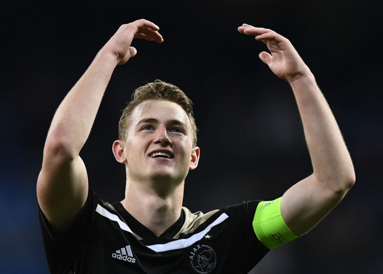 Ajax's Dutch defender Matthijs de Ligt celebrates at the end of the UEFA Champions League round of 16 second leg football match between Real Madrid CF and Ajax at the Santiago Bernabeu stadium in Madrid on March 5, 2019. (Photo by GABRIEL BOUYS / AFP)        (Photo credit should read GABRIEL BOUYS/AFP/Getty Images)