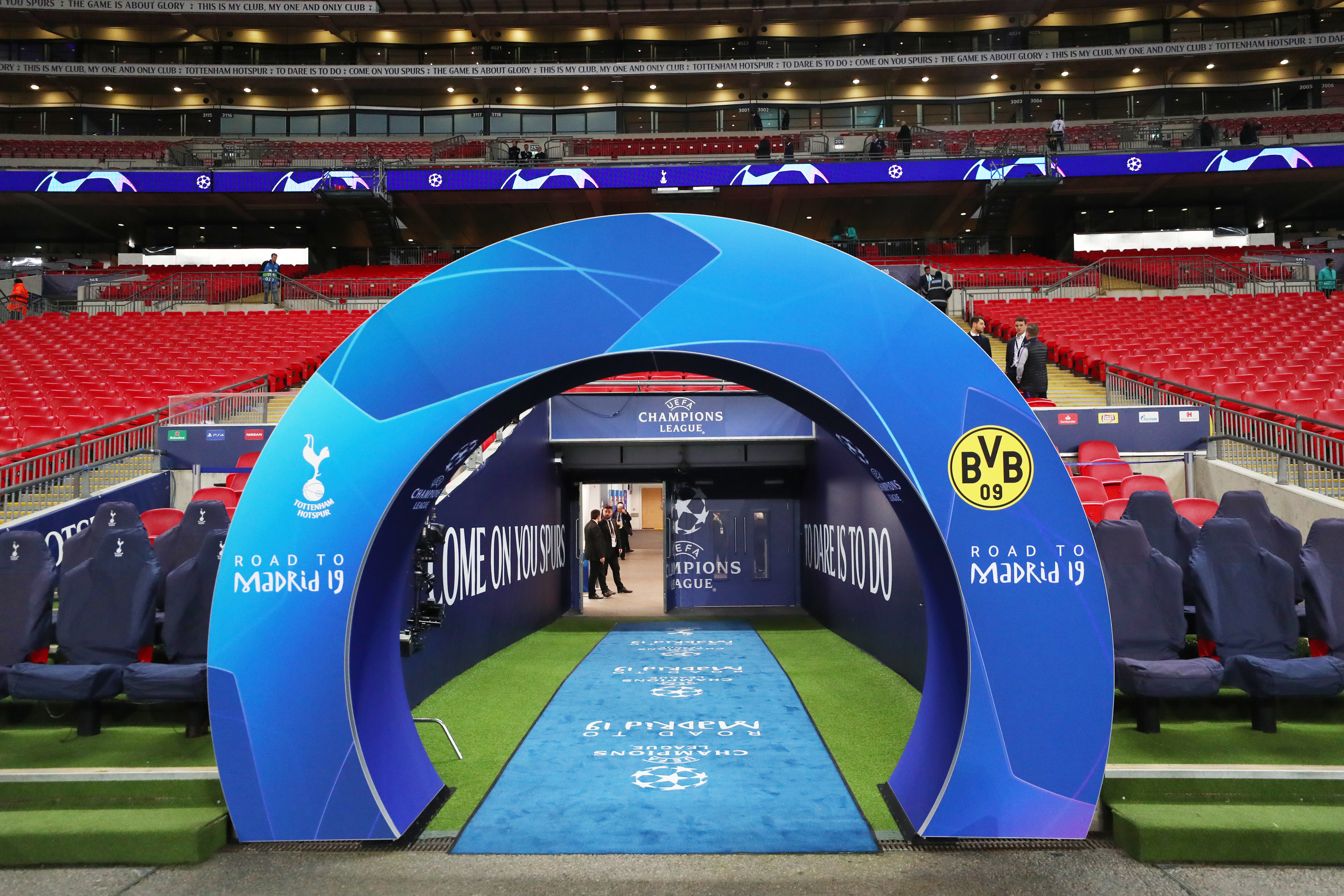 LONDON, ENGLAND - FEBRUARY 13: Champions League 'Road to Madrid' branding is seen before the UEFA Champions League Round of 16 First Leg match between Tottenham Hotspur and Borussia Dortmund at Wembley Stadium on February 13, 2019 in London, England. (Photo by Catherine Ivill/Getty Images)