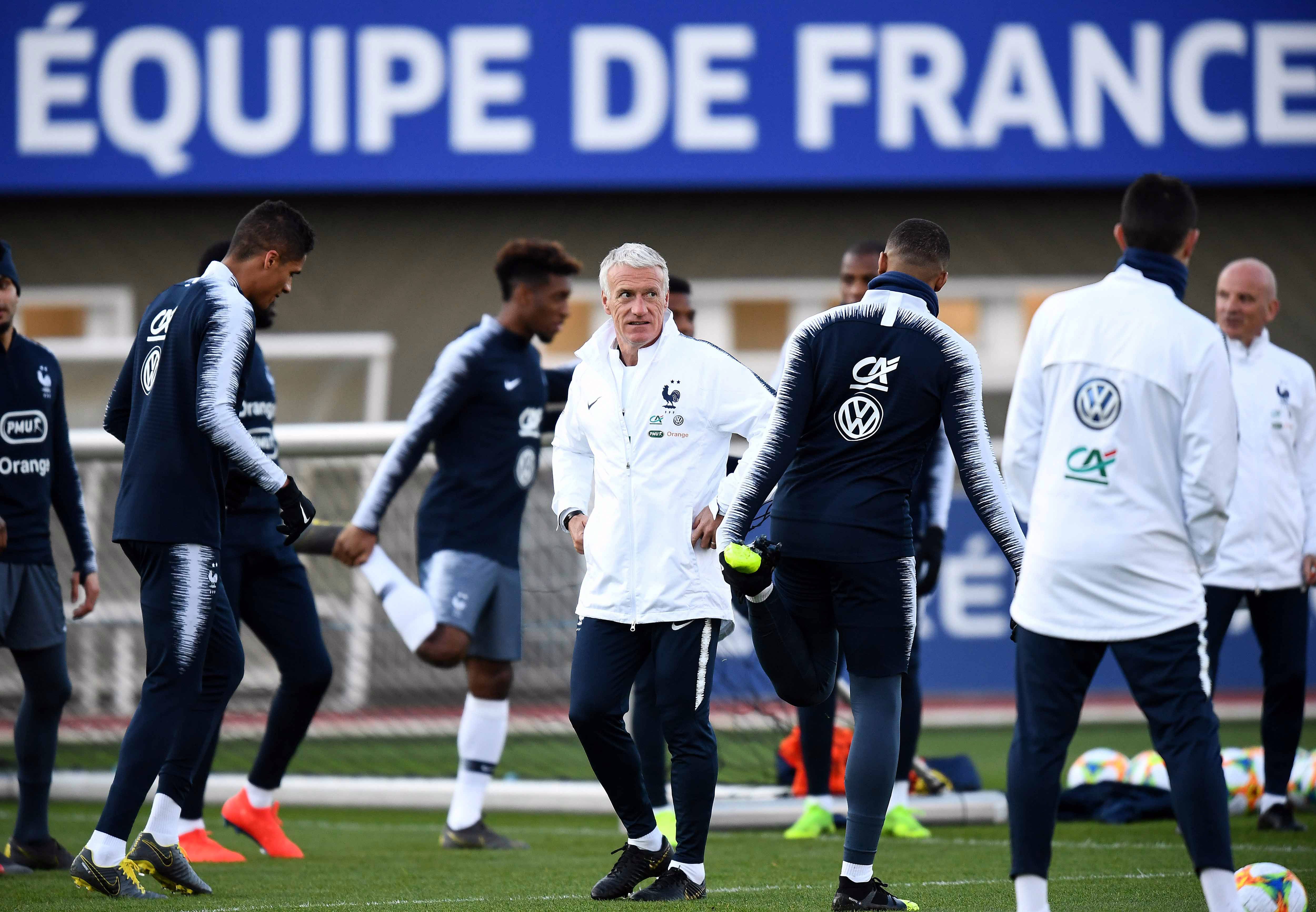 France's head coach Didier Deschamps attends a training session in Clairefontaine-en-Yvelines on March 19, 2019, as part of the team's preparation for their upcoming Euro 2020 qualification football matches against Moldova and Iceland. (Photo by FRANCK FIFE / AFP)        (Photo credit should read FRANCK FIFE/AFP/Getty Images)