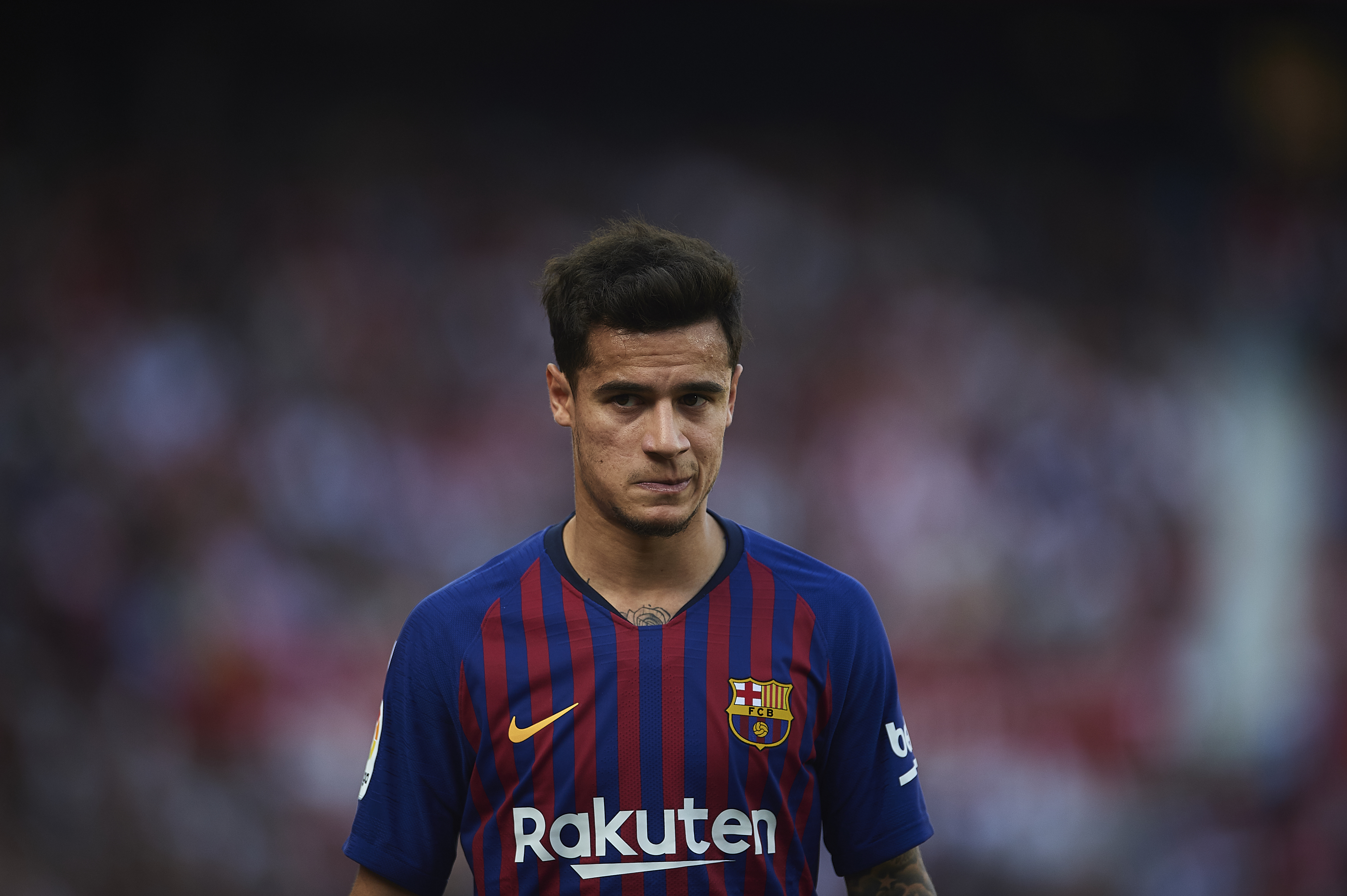 SEVILLE, SPAIN - FEBRUARY 23: Philippe Coutinho of FC Barcelona looks on during the La Liga match between Sevilla FC and FC Barcelona at Estadio Ramon Sanchez Pizjuan on February 23, 2019 in Seville, Spain. (Photo by Aitor Alcalde/Getty Images)