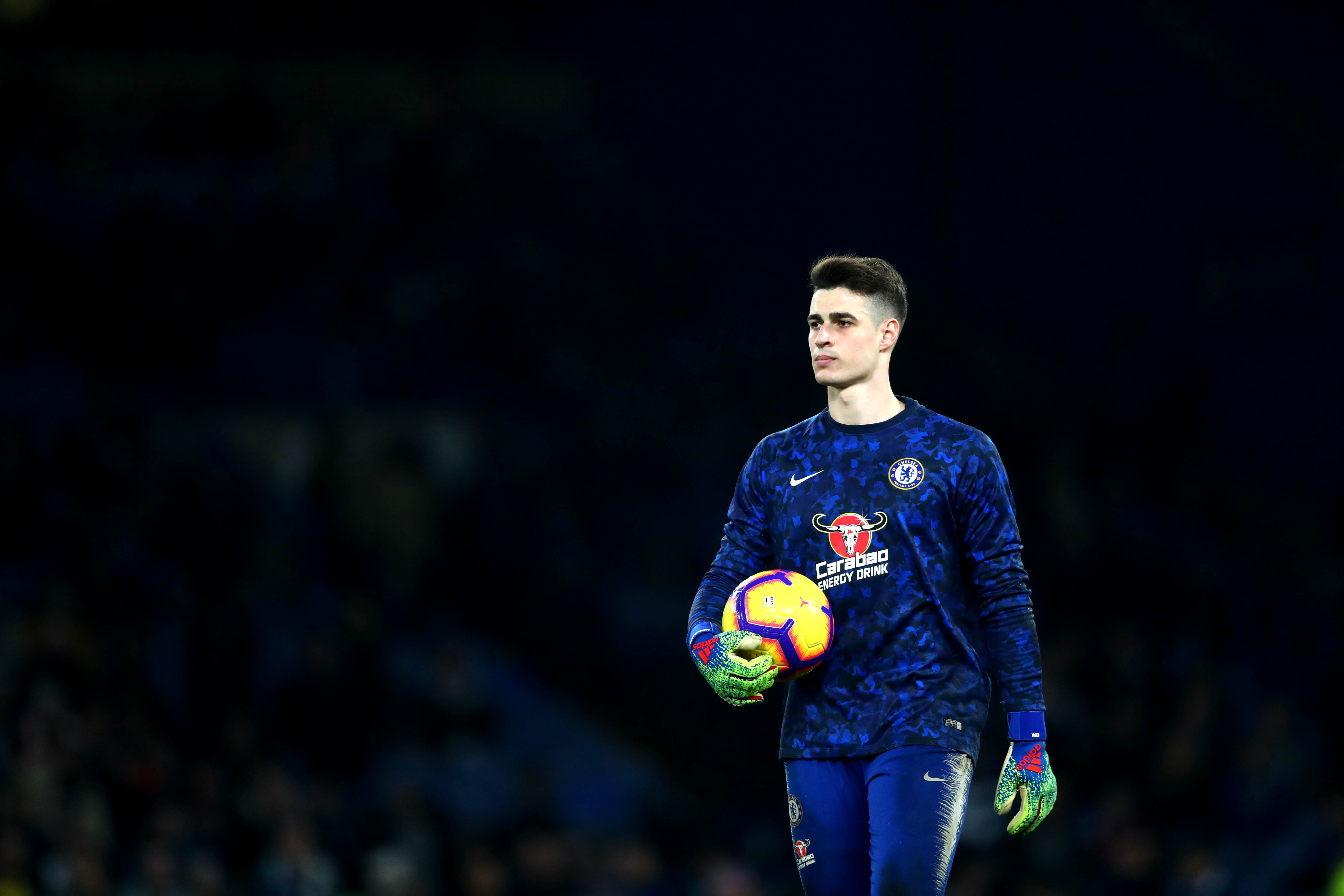 LONDON, ENGLAND - FEBRUARY 27: Kepa Arrizabalaga of Chelsea warms up prior to the Premier League match between Chelsea FC and Tottenham Hotspur at Stamford Bridge on February 27, 2019 in London, United Kingdom. (Photo by Clive Rose/Getty Images)