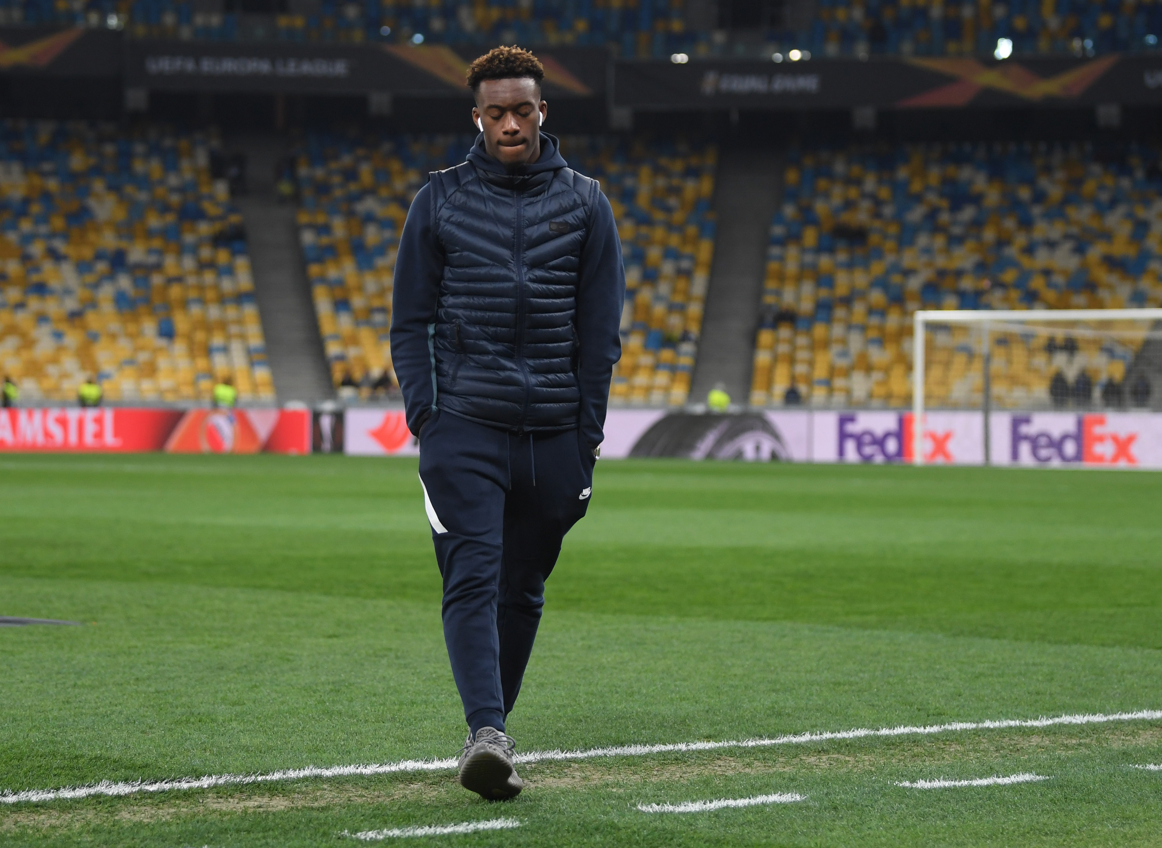 KIEV, UKRAINE - MARCH 14:  Callum Hudson-Odoi of Chelsea inspects the pitch prior to the UEFA Europa League Round of 16 Second Leg match between Dynamo Kyiv and Chelsea at NSC Olimpiyskiy Stadium on March 14, 2019 in Kiev, Ukraine. (Photo by Mike Hewitt/Getty Images)