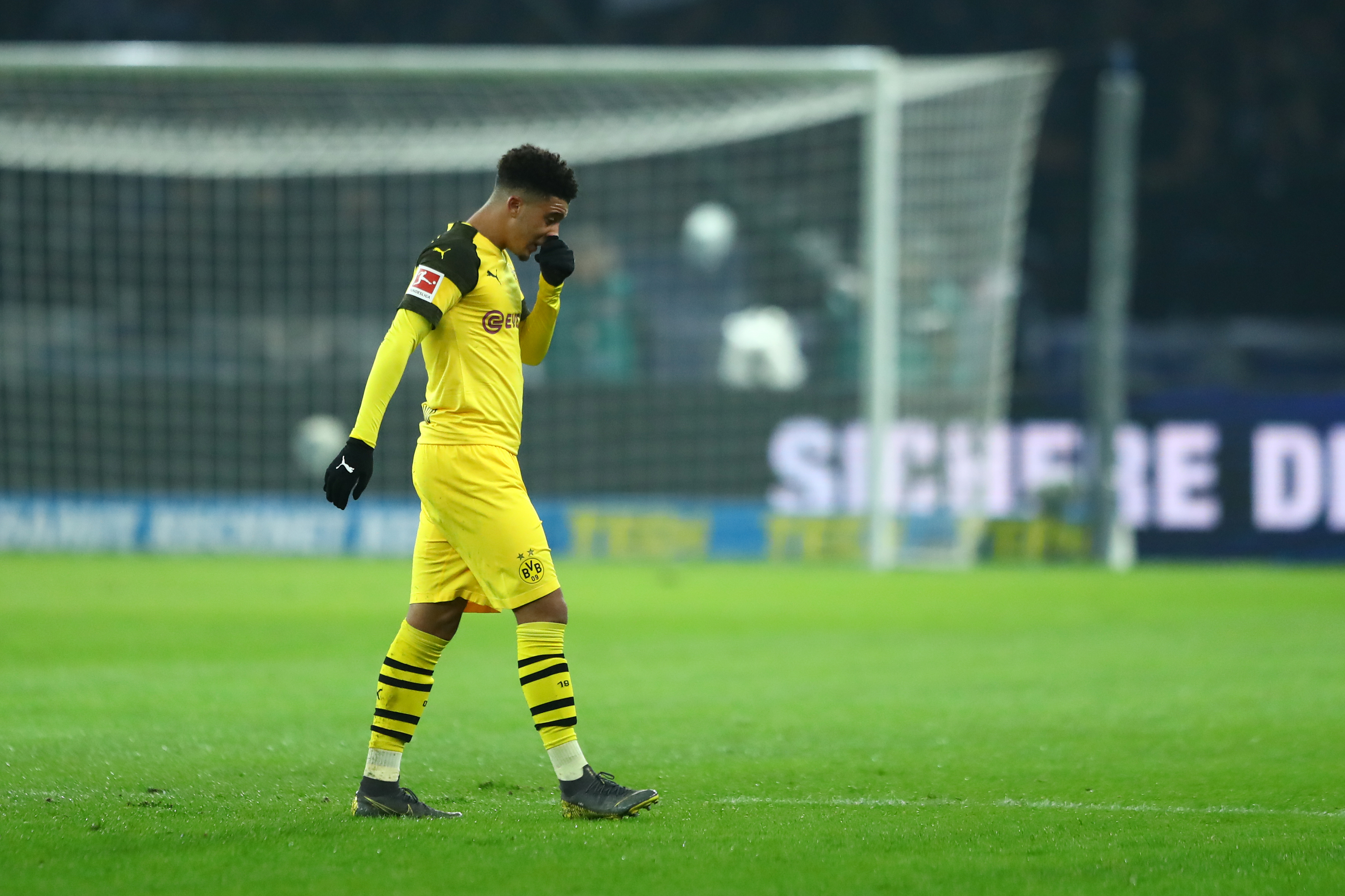 BERLIN, GERMANY - MARCH 16: Jadon Sancho of Borussia Dortmund looks dejected during the Bundesliga match between Hertha BSC and Borussia Dortmund at Olympiastadion on March 16, 2019 in Berlin, Germany. (Photo by Martin Rose/Bongarts/Getty Images)