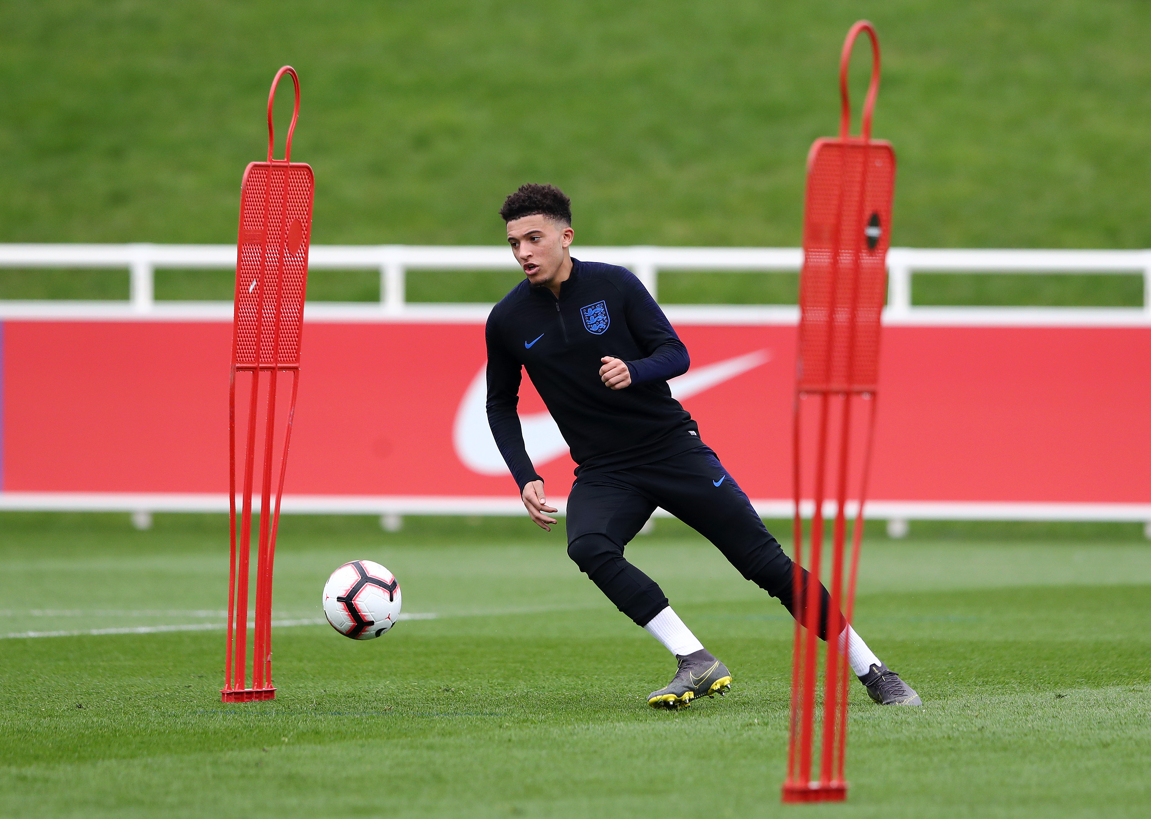 BURTON-UPON-TRENT, ENGLAND - MARCH 19:  Jadon Sancho of England in action during an England training session during an England Media Access day at St Georges Park on March 19, 2019 in Burton-upon-Trent, England. (Photo by Matthew Lewis/Getty Images)