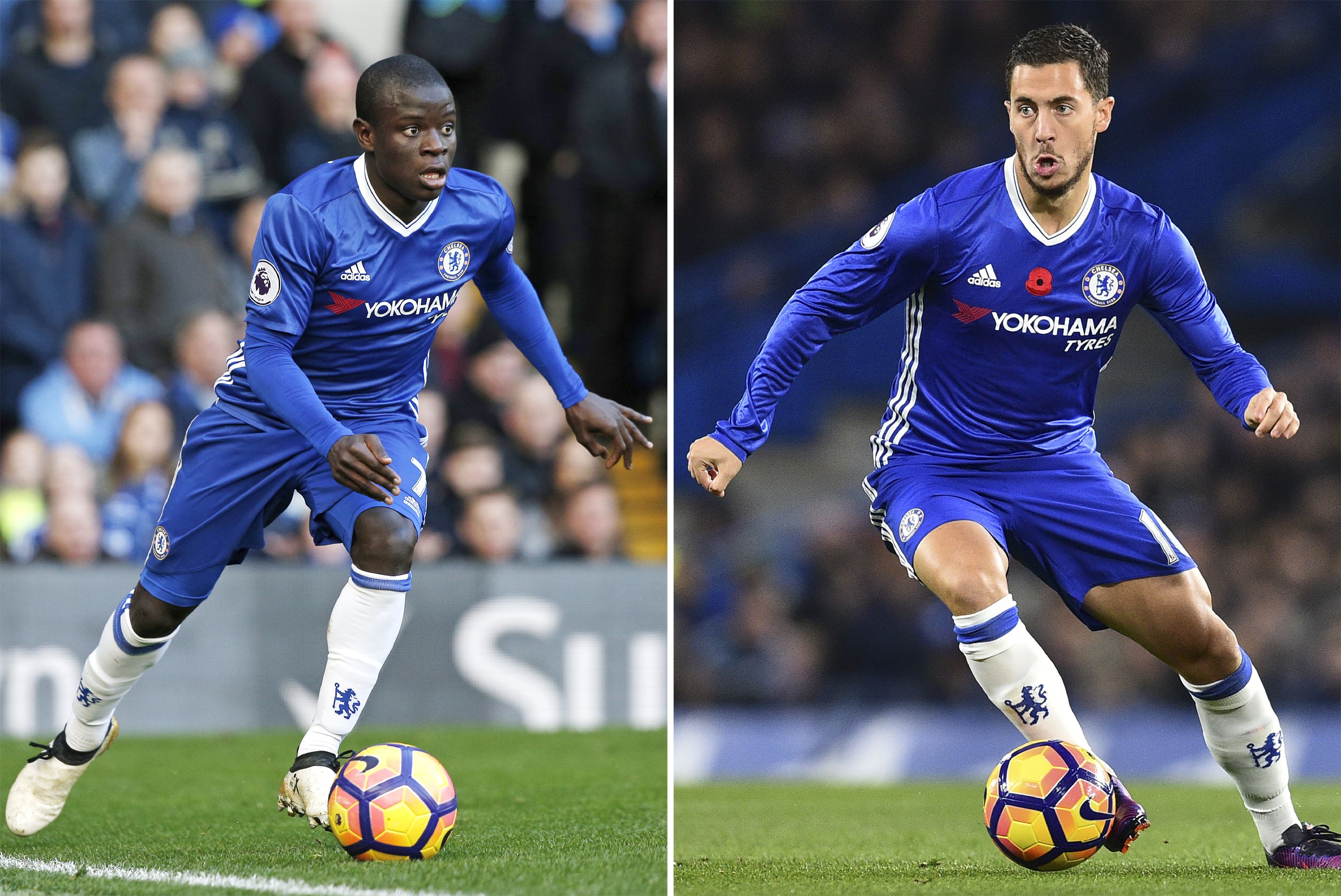 A combo picture shows Chelsea's French midfielder N'Golo Kante (L) and Chelsea's Belgian midfielder Eden Hazard in action during Premier league matches.
N'Golo Kante and Eden Hazard have seen their key roles in Chelsea's bid for the Premier League title acknowledged with nominations for England's Professional Footballers' Association Player of the Year award on April 13, 2017. / AFP PHOTO / Glyn KIRK        (Photo credit should read GLYN KIRK/AFP/Getty Images)