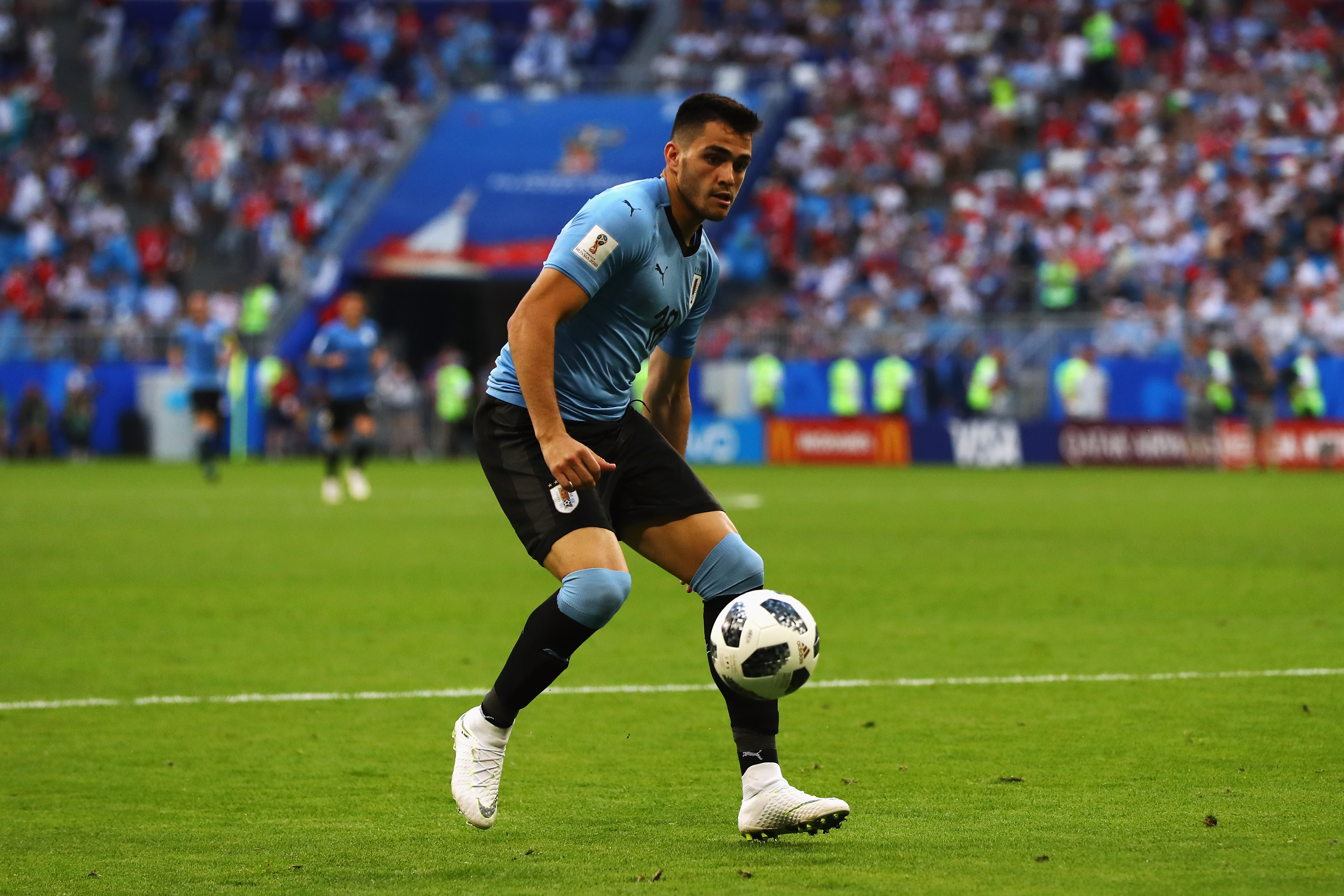 SAMARA, RUSSIA - JUNE 25:  Maxi Gomez of Uruguay in action during the 2018 FIFA World Cup Russia group A match between Uruguay and Russia at Samara Arena on June 25, 2018 in Samara, Russia.  (Photo by Dean Mouhtaropoulos/Getty Images)