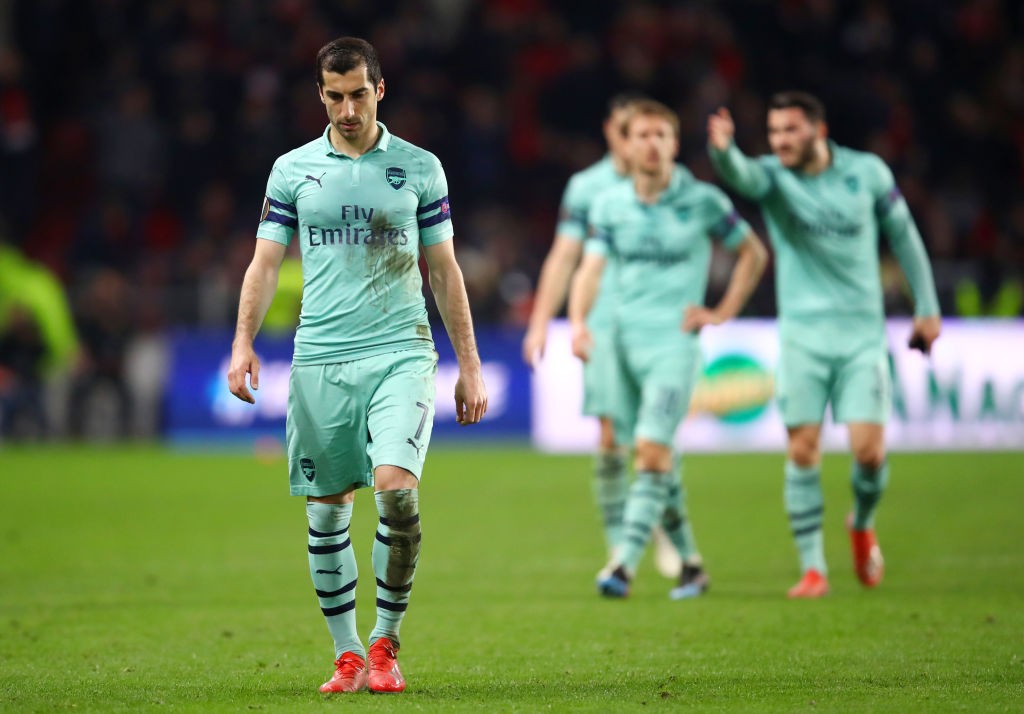 MkhitatRENNES, FRANCE - MARCH 07: Henrikh Mkhitaryan of Arsenal walks off the pitch after defeat in the UEFA Europa League Round of 16 First Leg match between Stade Rennais and Arsenal at Roazhon Park on March 07, 2019 in Rennes, France. (Photo by Julian Finney/Getty Images)yan could be sa