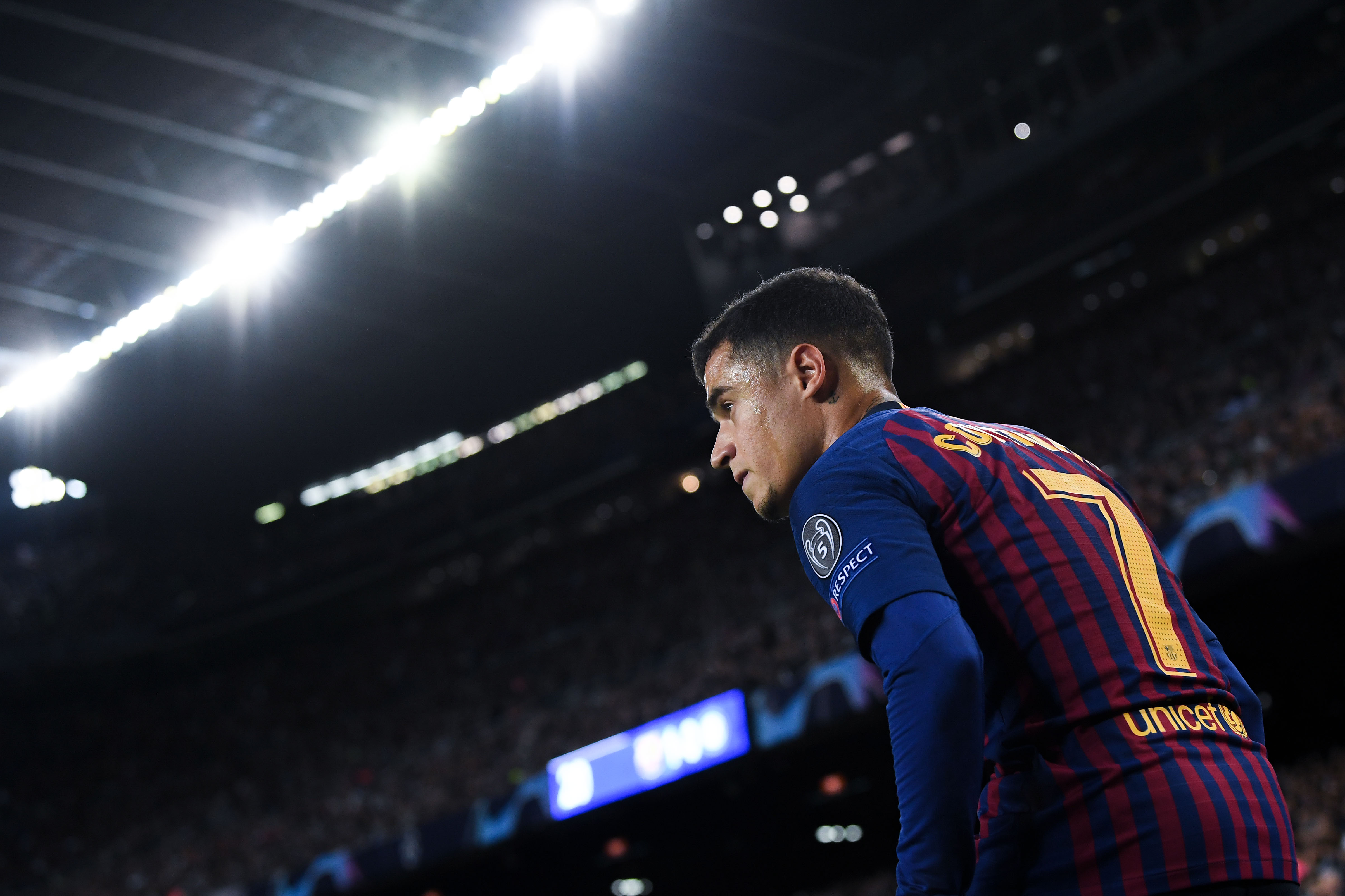 BARCELONA, SPAIN - OCTOBER 24:  Philippe Coutinho of FC Barcelona looks on during the Group B match of the UEFA Champions League between FC Barcelona and FC Internazionale at Camp Nou on October 24, 2018 in Barcelona, Spain.  (Photo by David Ramos/Getty Images)