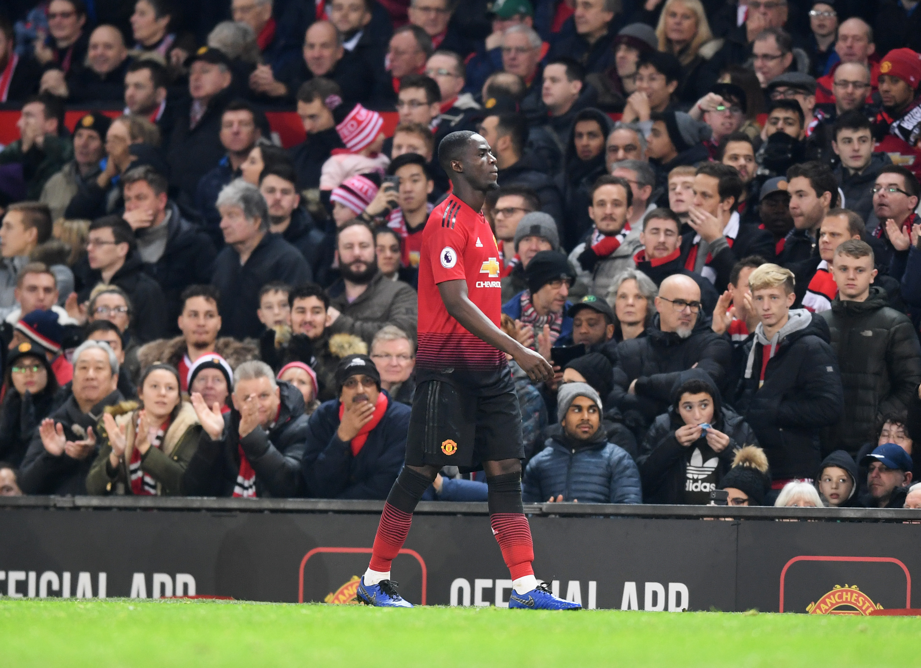 MANCHESTER, ENGLAND - DECEMBER 30:  Eric Bailly of Manchester United (3) is shown a red card and is sent off during the Premier League match between Manchester United and AFC Bournemouth at Old Trafford on December 30, 2018 in Manchester, United Kingdom.  (Photo by Michael Regan/Getty Images)