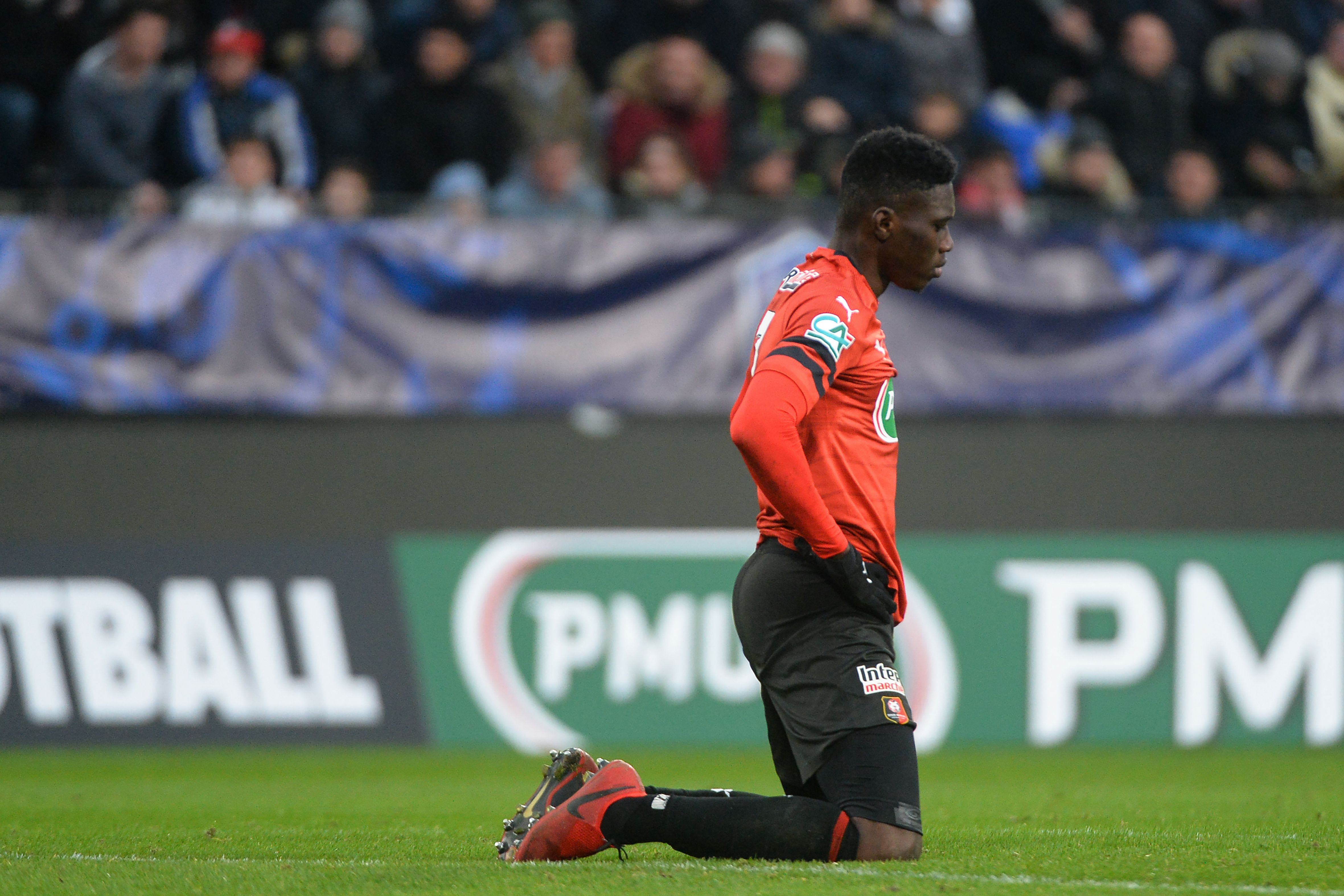 Rennes' Senegalese midfielder Ismaila Sarr reacts during the French Cup last-64 football match between Rennes and Brest, on January 6, 2019, at the Roazhon Park, in Rennes, northwestern France. (Photo by Jean-François MONIER / AFP)        (Photo credit should read JEAN-FRANCOIS MONIER/AFP/Getty Images)