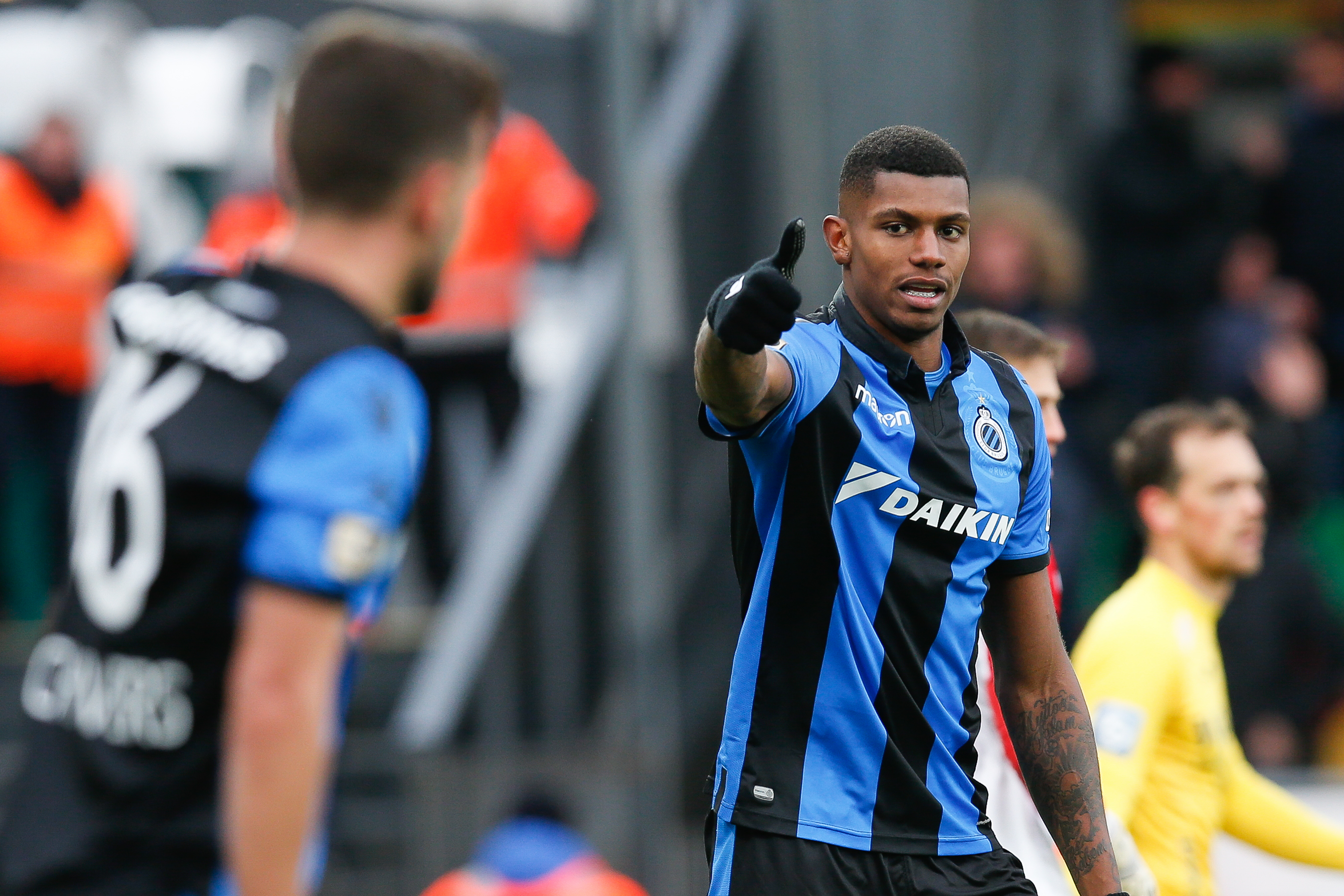 Club's Wesley Moraes celebrates during the soccer match between KV Oostende and Club Brugge, Sunday 27 January 2019 in Oostende, on the 23rd day of the 'Jupiler Pro League' Belgian soccer championship season 2018-2019. BELGA PHOTO BRUNO FAHY        (Photo credit should read BRUNO FAHY/AFP/Getty Images)