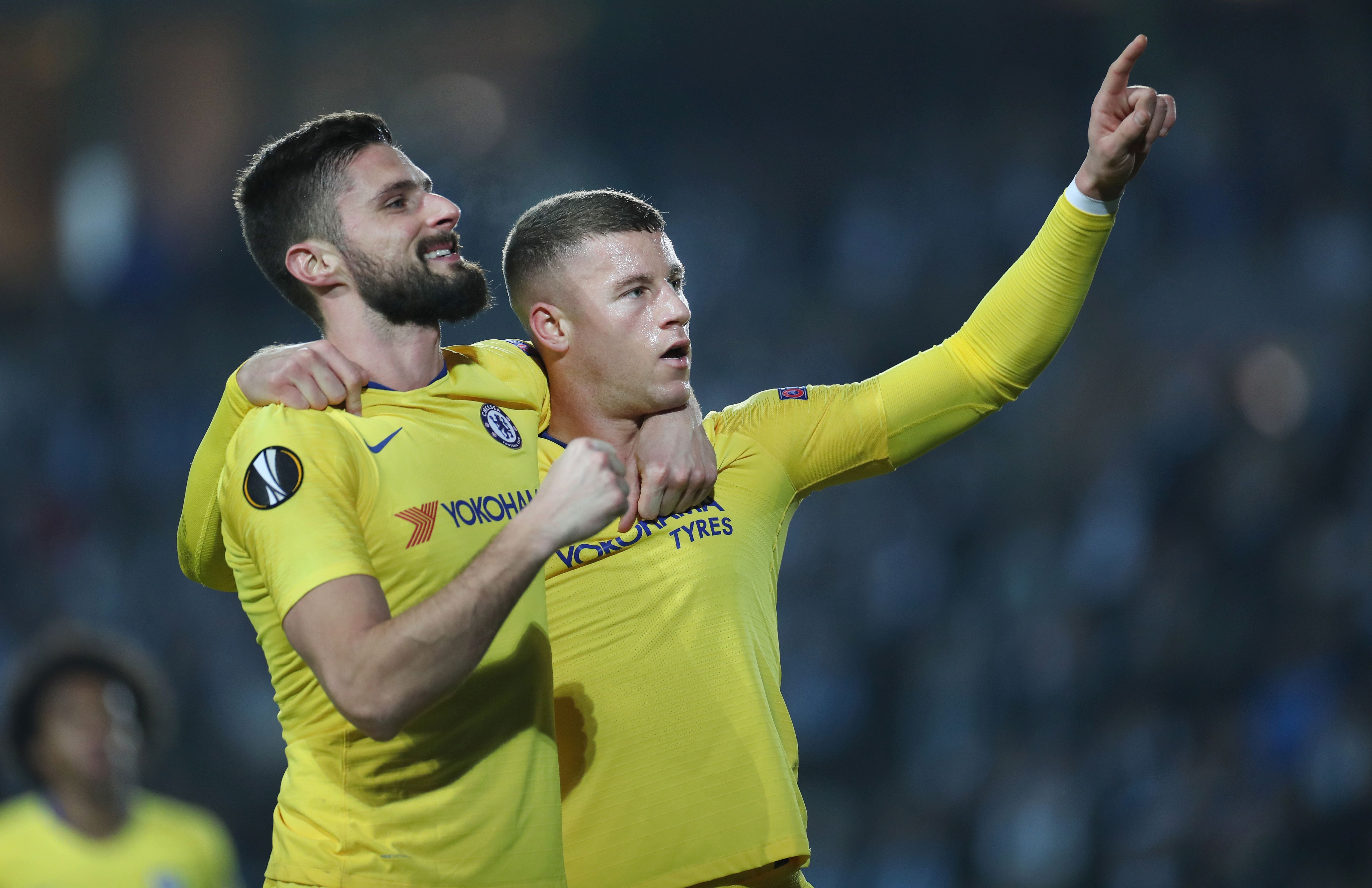TOPSHOT - Chelsea's English midfielder Ross Barkley (R) celebrates  scoring the 0-1 goal with Chelsea's French striker Olivier Giroud during the UEFA Europa League  round of 32, first-leg football match between Malmo FF and Chelsea in Malmo, Sweden, on February 14, 2019. (Photo by Andreas HILLERGREN / TT NEWS AGENCY / AFP) / Sweden OUT        (Photo credit should read ANDREAS HILLERGREN/AFP/Getty Images)