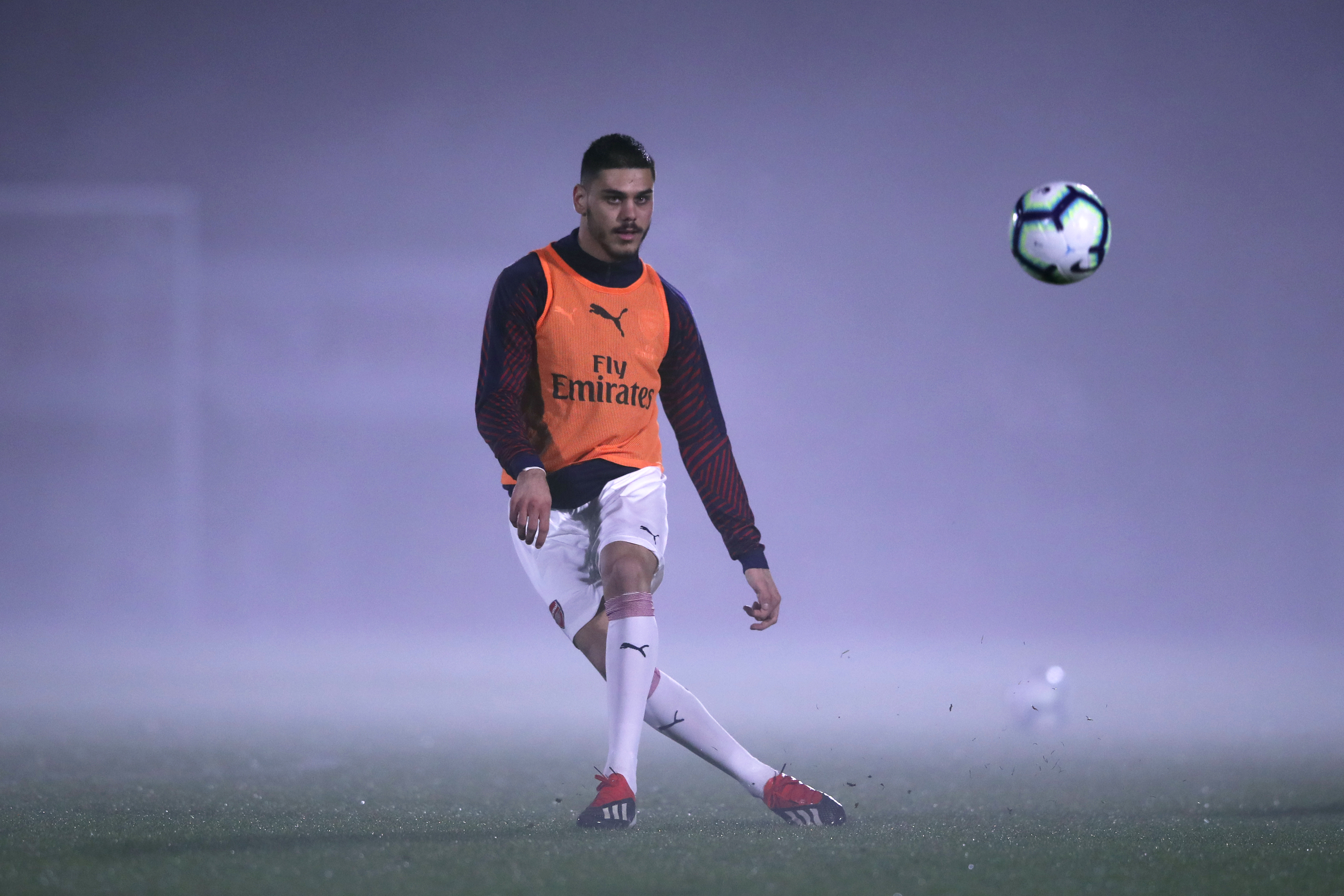 BOREHAMWOOD, ENGLAND - FEBRUARY 04: Konstantinos Mavropanos of Arsenal warms up ahead of the Premier League 2 match between Arsenal and West Ham at Meadow Park on February 04, 2019 in Borehamwood, England. (Photo by Alex Pantling/Getty Images)