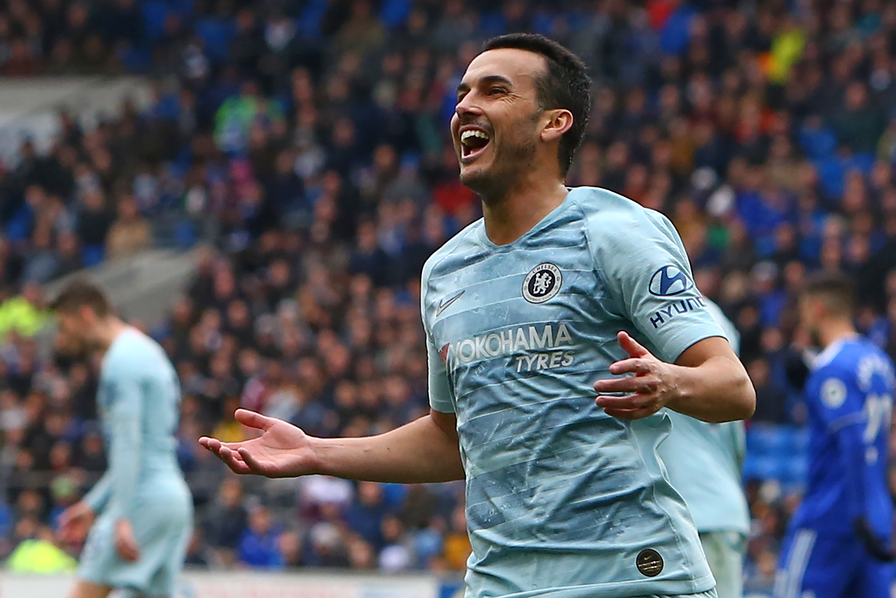 Chelsea's Spanish midfielder Pedro reacts to a missed chance during the English Premier League football match between between Cardiff City and Chelsea at Cardiff City Stadium in Cardiff, south Wales on March 31, 2019. (Photo by Geoff CADDICK / AFP) / RESTRICTED TO EDITORIAL USE. No use with unauthorized audio, video, data, fixture lists, club/league logos or 'live' services. Online in-match use limited to 120 images. An additional 40 images may be used in extra time. No video emulation. Social media in-match use limited to 120 images. An additional 40 images may be used in extra time. No use in betting publications, games or single club/league/player publications. /         (Photo credit should read GEOFF CADDICK/AFP/Getty Images)