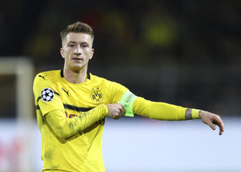 DORTMUND, GERMANY - MARCH 05: Marco Reus #11 of Borussia Dortmund reacts during the UEFA Champions League Round of 16 Second Leg match between Borussia Dortmund and Tottenham Hotspur at Westfalen Stadium on March 05, 2019 in Dortmund, North Rhine-Westphalia. (Photo by Maja Hitij/Bongarts/Getty Images)