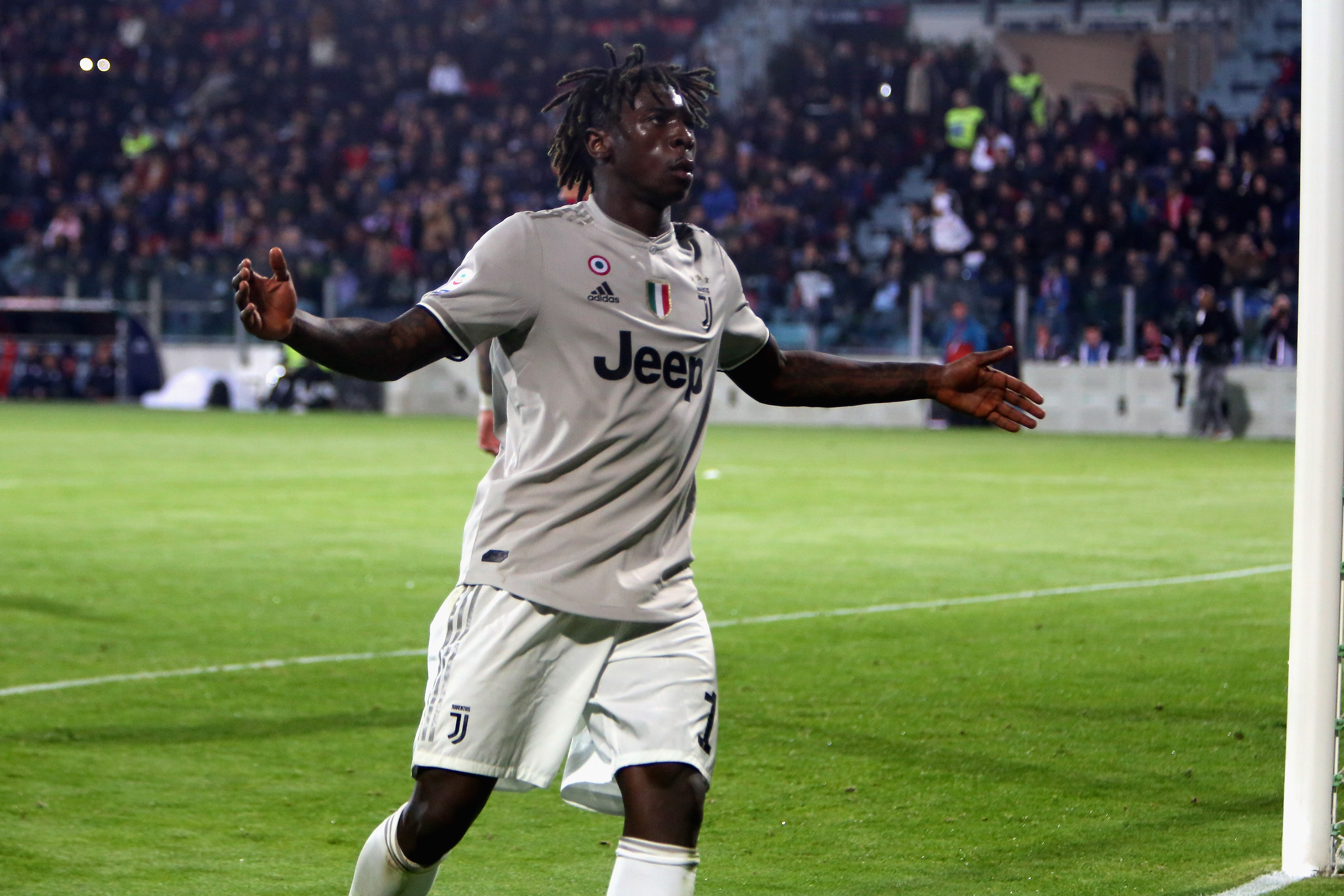 CAGLIARI, ITALY - APRIL 02:  Moise Kean of Juventus celebrates his goal 0-2 during the Serie A match between Cagliari and Juventus at Sardegna Arena on April 2, 2019 in Cagliari, Italy.  (Photo by Enrico Locci/Getty Images)