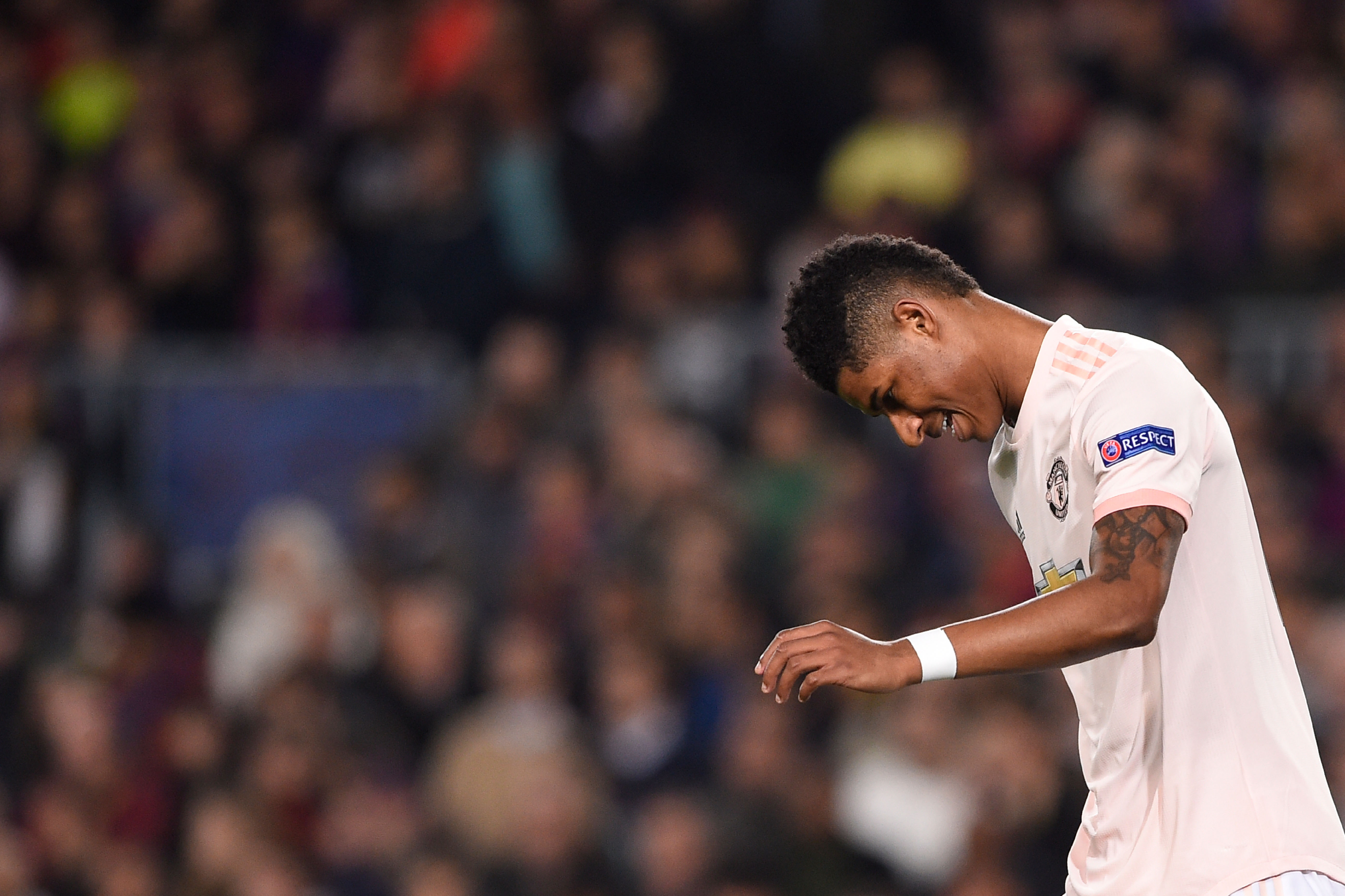 Manchester United's English forward Marcus Rashford reacts during the UEFA Champions League quarter-final second leg football match between Barcelona and Manchester United at the Camp Nou stadium in Barcelona on April 16, 2019. (Photo by Josep LAGO / AFP)        (Photo credit should read JOSEP LAGO/AFP/Getty Images)