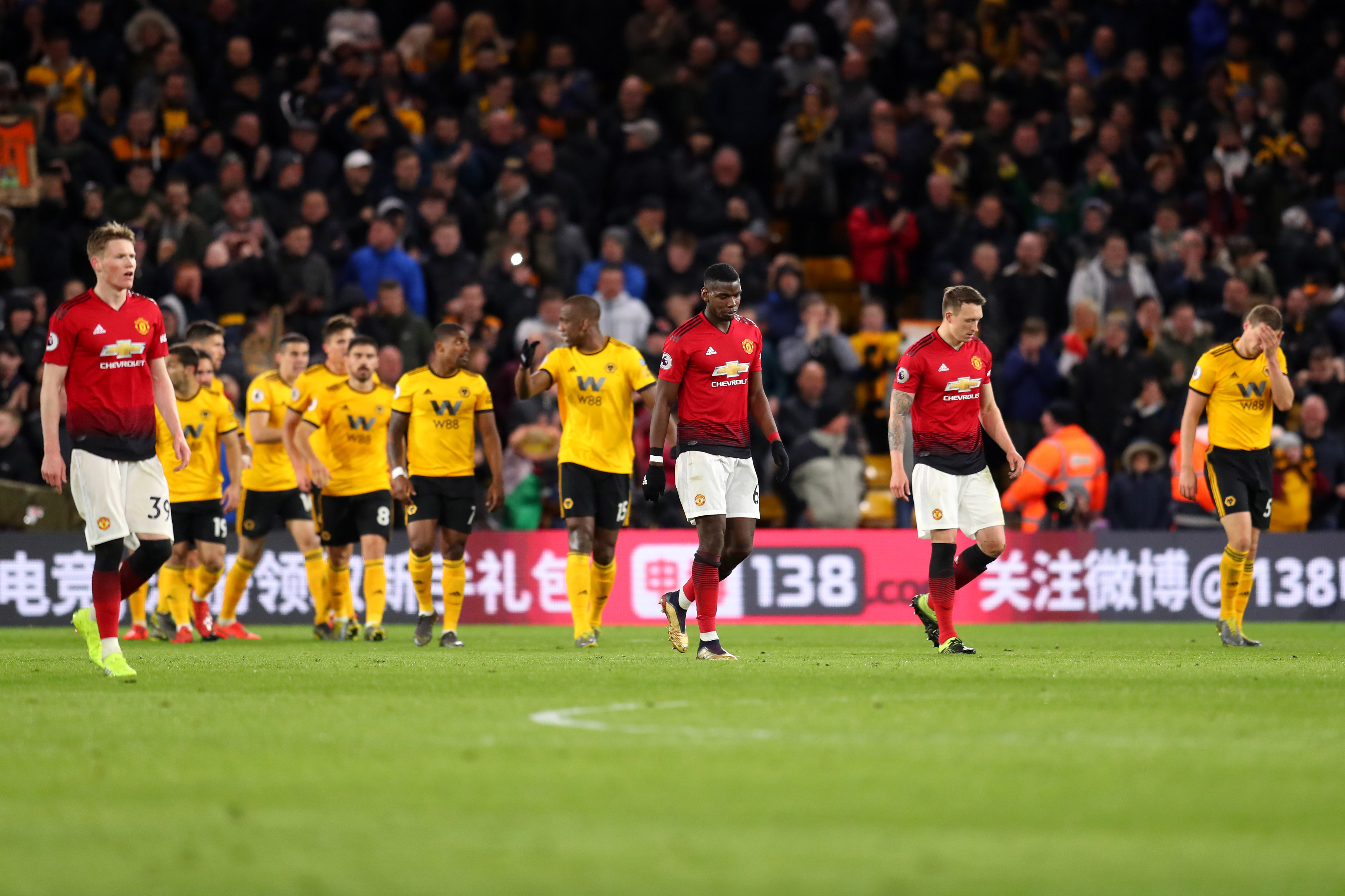 WOLVERHAMPTON, ENGLAND - APRIL 02:  Paul Pogba of Manchester United looks dejected after Wolverhampton Wanderers' second goal during the Premier League match between Wolverhampton Wanderers and Manchester United at Molineux on April 02, 2019 in Wolverhampton, United Kingdom. (Photo by Catherine Ivill/Getty Images)