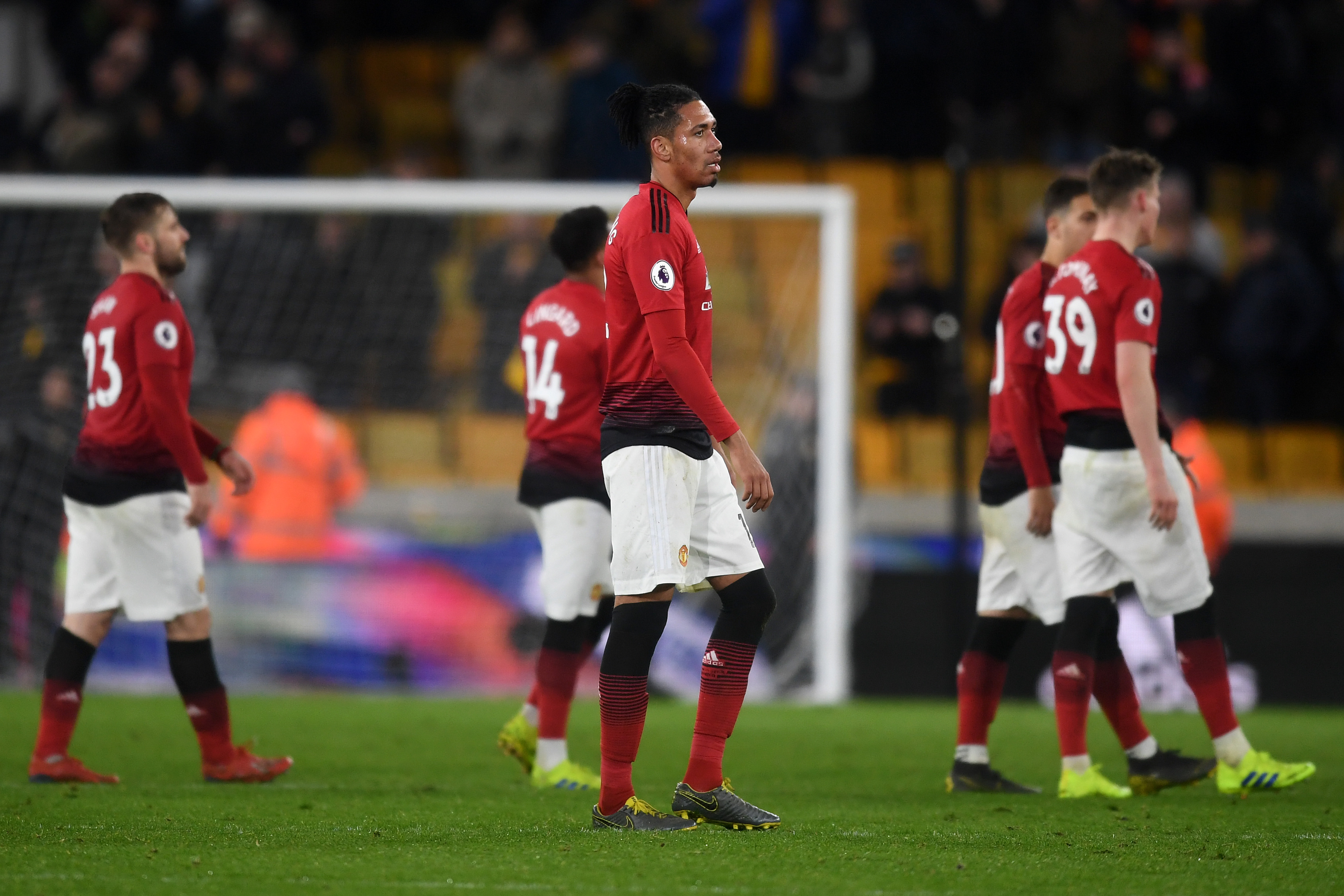 WOLVERHAMPTON, ENGLAND - APRIL 02:  Chris Smalling of Manchester United looks dejected following his sides defeat in the Premier League match between Wolverhampton Wanderers and Manchester United at Molineux on April 02, 2019 in Wolverhampton, United Kingdom. (Photo by Michael Regan/Getty Images)
