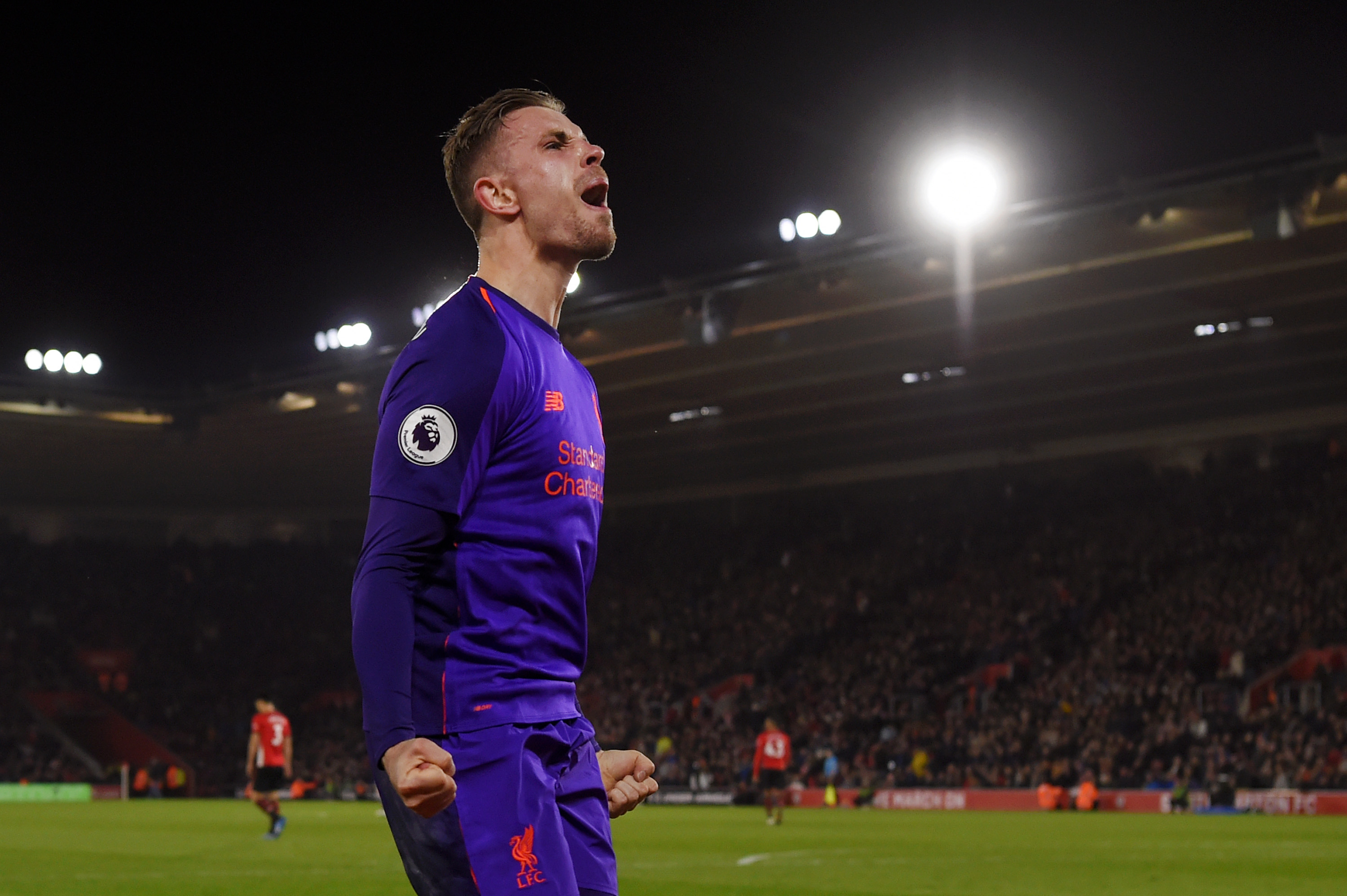 SOUTHAMPTON, ENGLAND - APRIL 05: Jordan Henderson of Liverpool celebrates after scoring his team's third goal during the Premier League match between Southampton FC and Liverpool FC at St Mary's Stadium on April 05, 2019 in Southampton, United Kingdom. (Photo by Mike Hewitt/Getty Images)