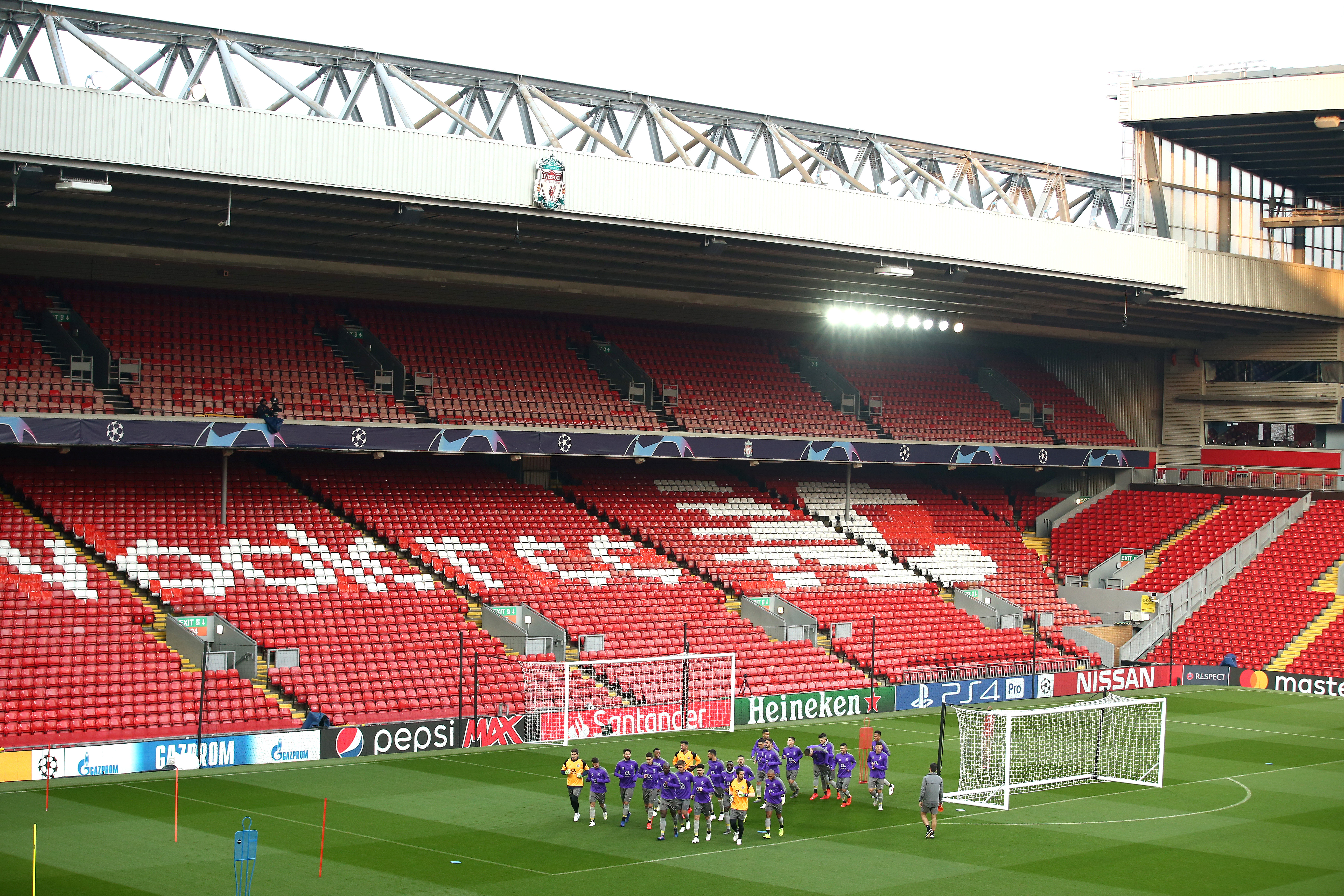 LIVERPOOL, ENGLAND - APRIL 08: The FC Porto team train during the FC Porto Training Session ahead of there UEFA Champions League Quarter Final First Leg against Liverpool FC tomorrow at Anfield on April 08, 2019 in Liverpool, England. (Photo by Jan Kruger/Getty Images)
