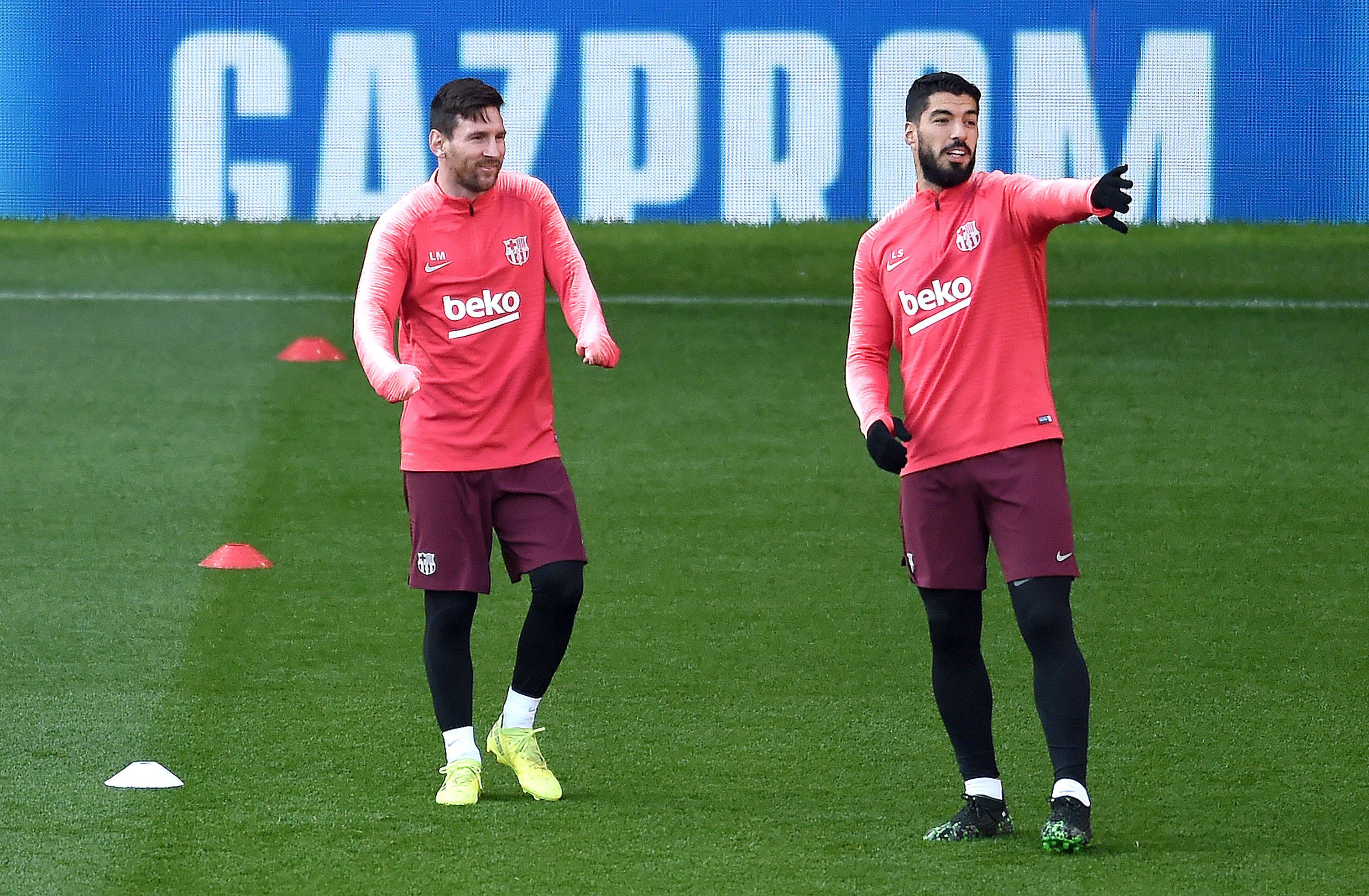 MANCHESTER, ENGLAND - APRIL 09: Lionel Messi and Luis Suarez during a FC Barcelona training session, on the eve of their Champions League Quarter Final match against Manchester United, at Old Trafford on April 09, 2019 in Manchester, England. (Photo by Nathan Stirk/Getty Images)