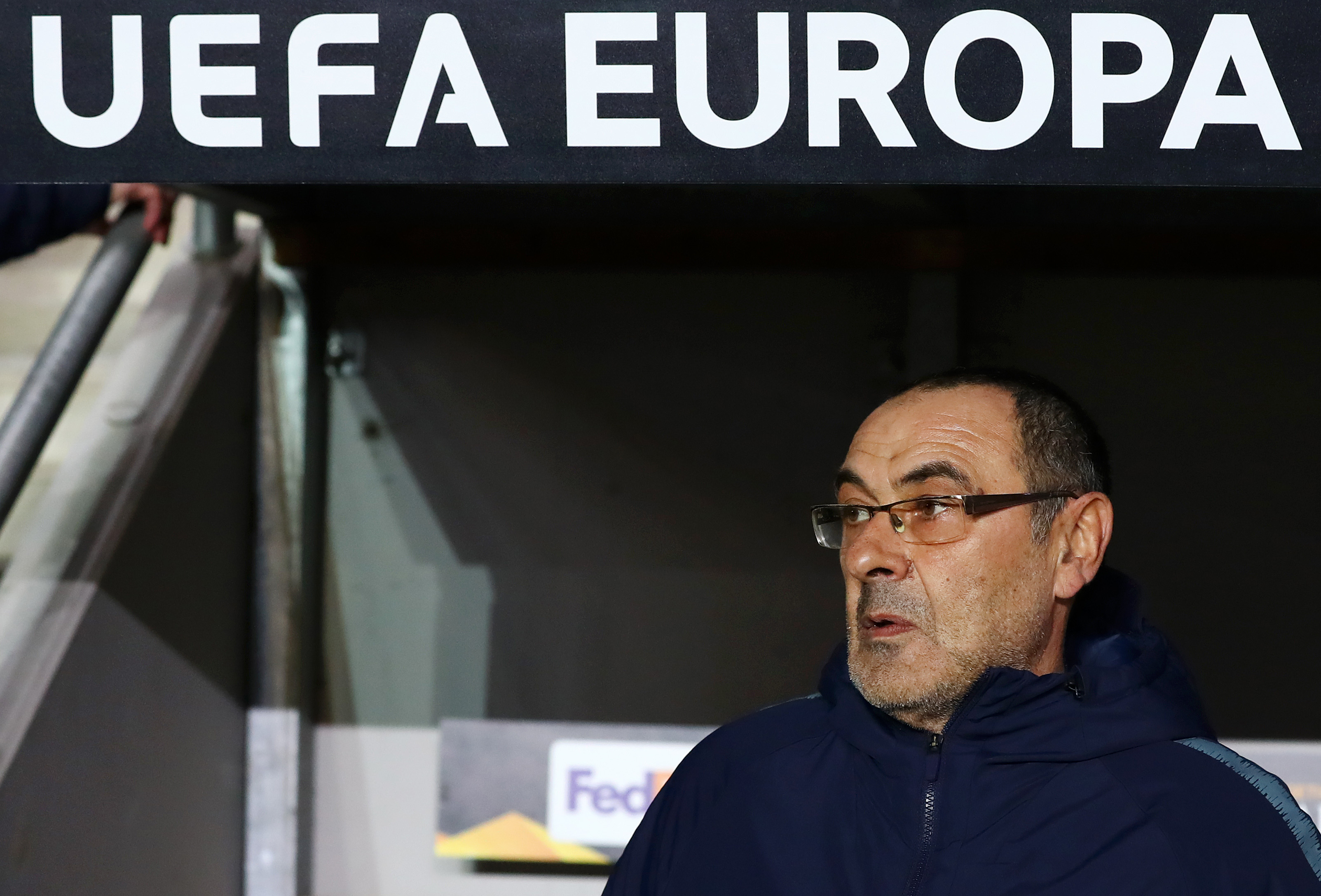 PRAGUE, CZECH REPUBLIC - APRIL 11:  Maurizio Sarri, Manager of Chelsea looks on during the UEFA Europa League Quarter Final First Leg match between Slavia Prague and Chelsea at Eden Stadium on April 11, 2019 in Prague, Czech Republic. (Photo by Martin Rose/Bongarts/Getty Images)