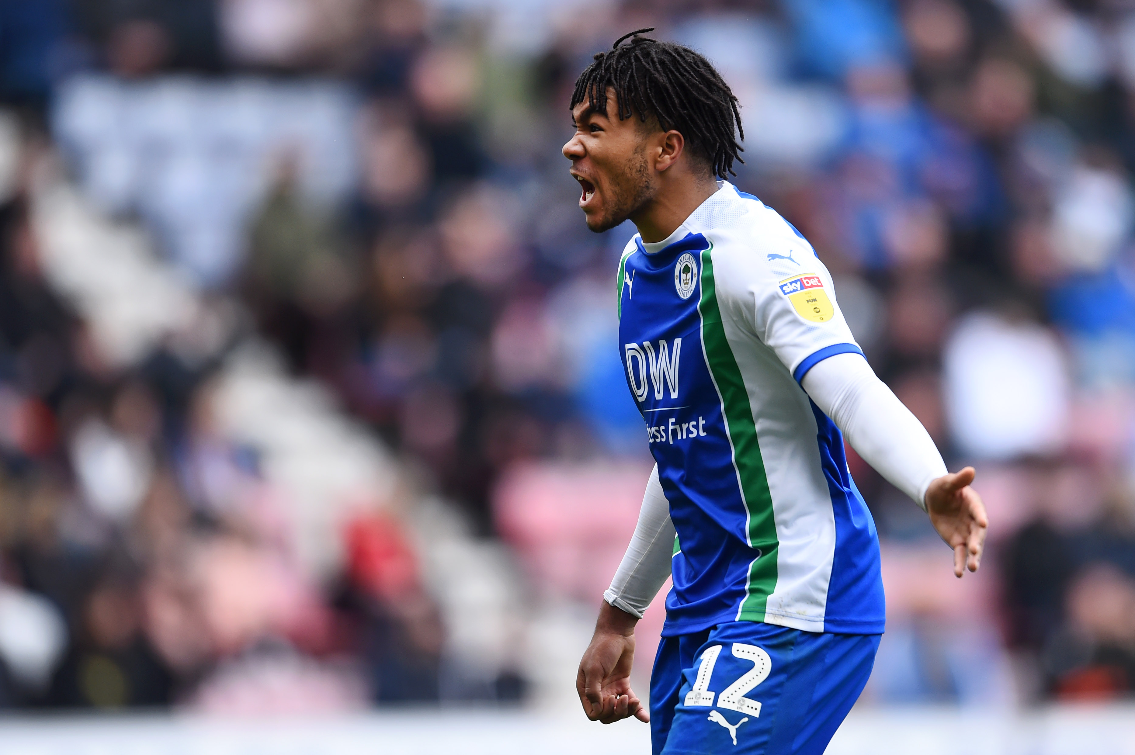 WIGAN, ENGLAND - APRIL 14:  Reece James of Wigan Athletic during the Sky Bet Championship match between Wigan Athletic and Norwich City at DW Stadium on April 14, 2019 in Wigan, England. (Photo by Nathan Stirk/Getty Images)