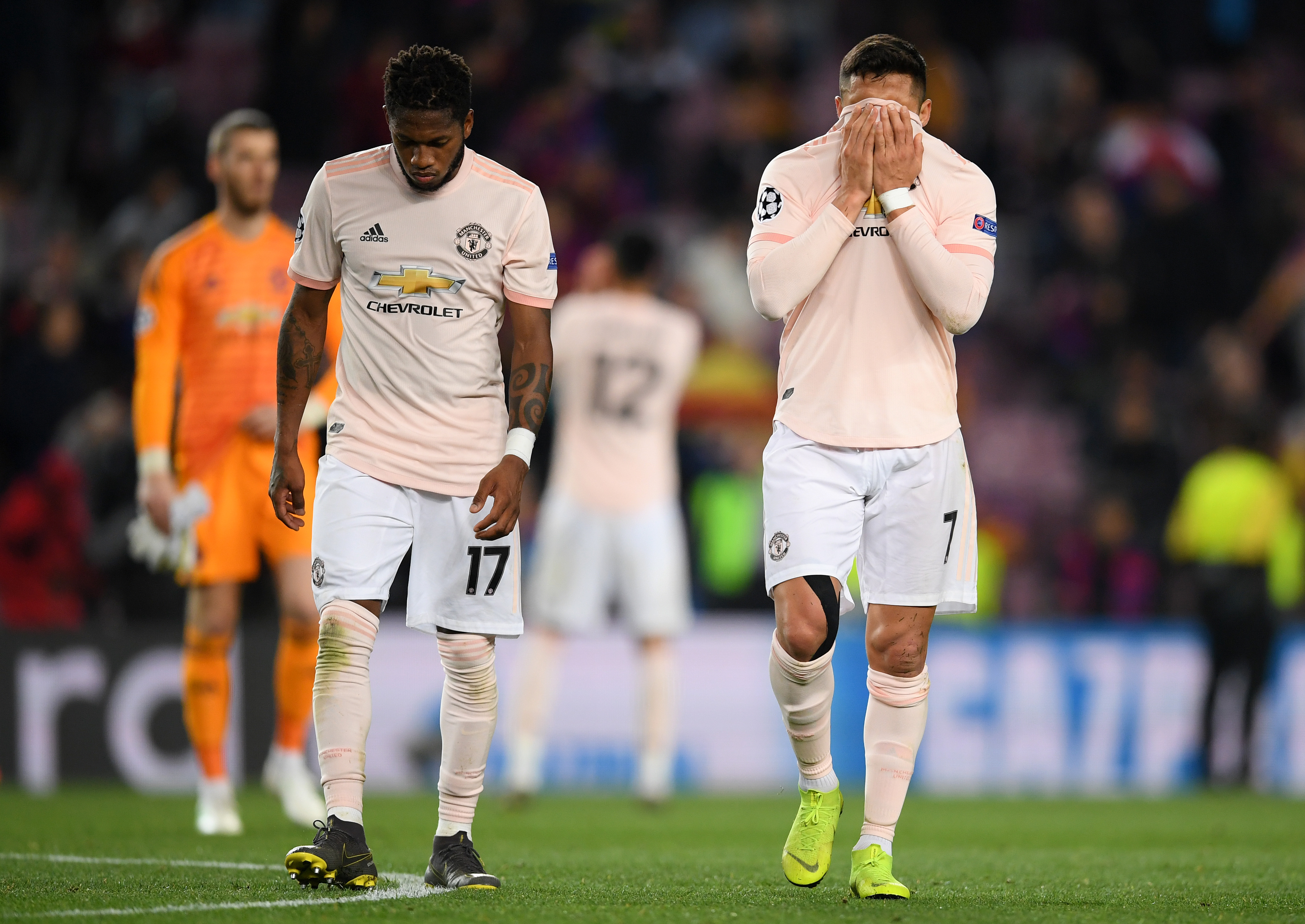 BARCELONA, SPAIN - APRIL 16: Alexis Sanchez of Manchester United reacts after the UEFA Champions League Quarter Final second leg match between FC Barcelona and Manchester United at Camp Nou on April 16, 2019 in Barcelona, Spain. (Photo by Matthias Hangst/Getty Images)