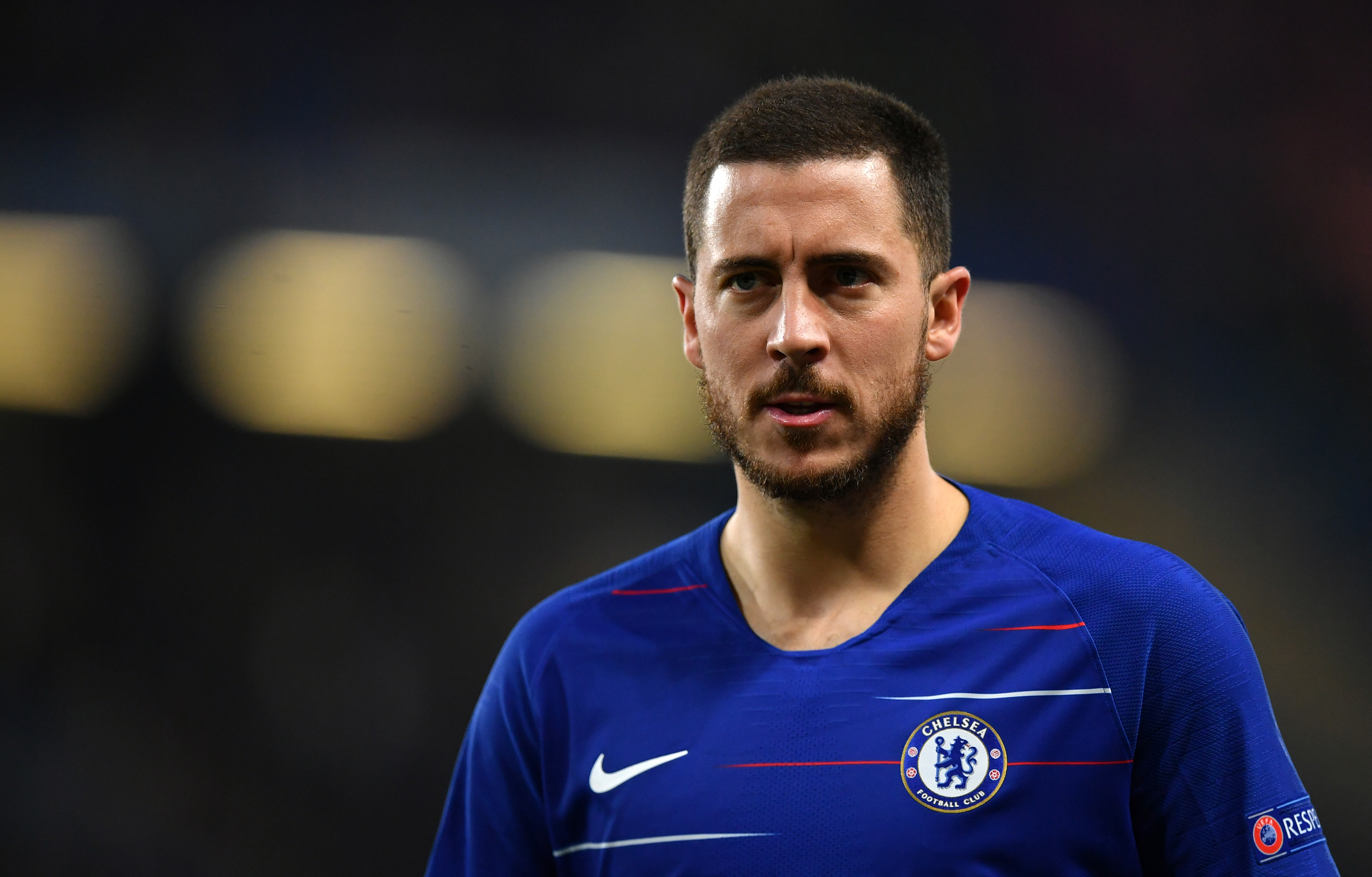 LONDON, ENGLAND - APRIL 18:  Eden Hazard of Chelsea looks on during the UEFA Europa League Quarter Final Second Leg match between Chelsea and Slavia Praha at Stamford Bridge on April 18, 2019 in London, England. (Photo by Dan Mullan/Getty Images)