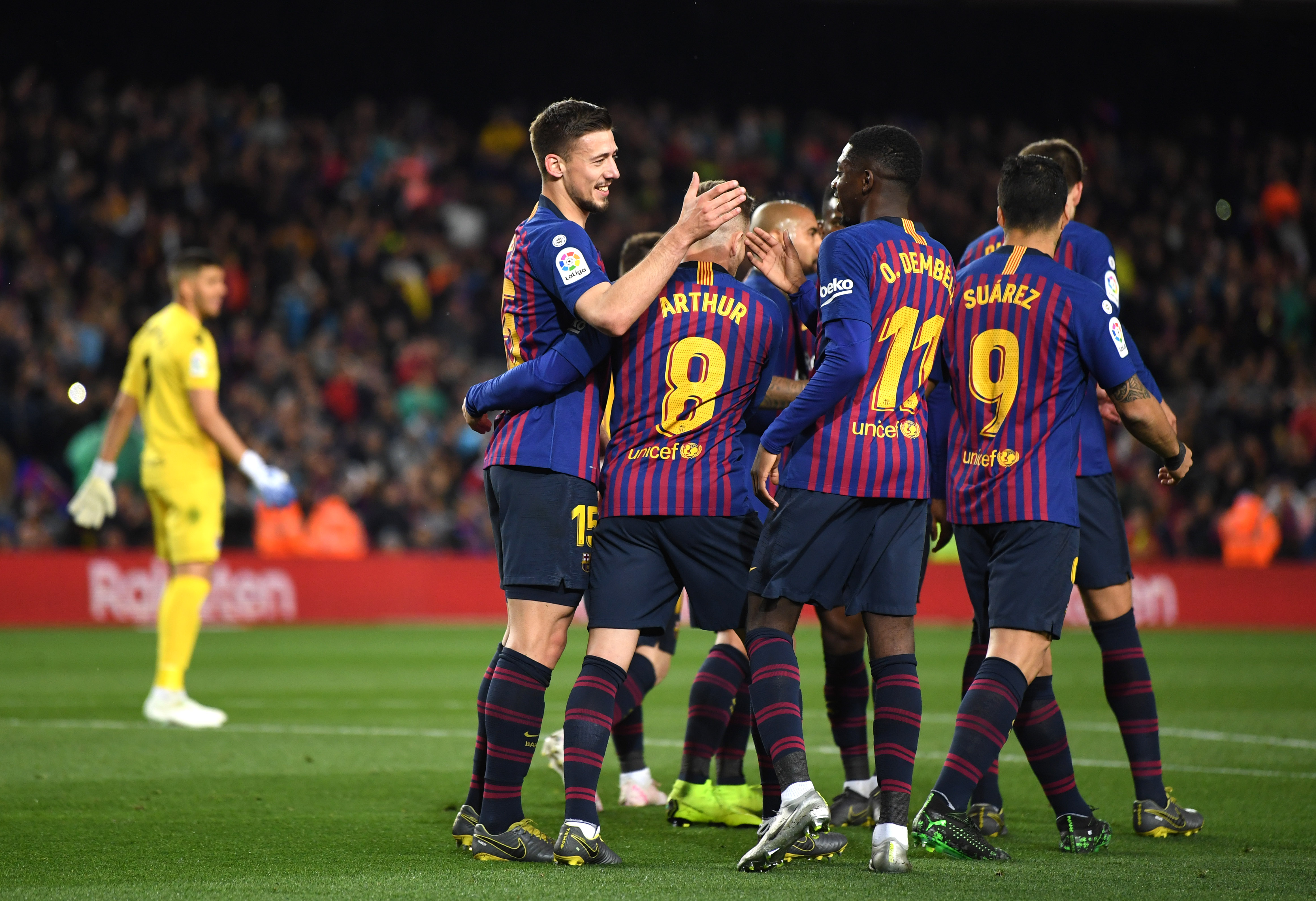 BARCELONA, SPAIN - APRIL 20:  Clement Lenglet of Barcelona celebrates with team mates after he scores his sides first goal during the La Liga match between FC Barcelona and Real Sociedad at Camp Nou on April 20, 2019 in Barcelona, Spain. (Photo by David Ramos/Getty Images)