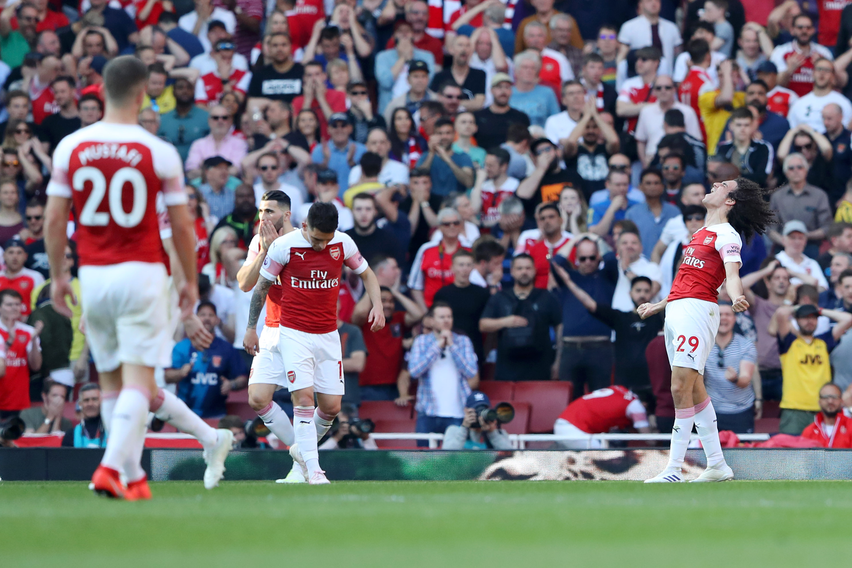 LONDON, ENGLAND - APRIL 21:  Matteo Guendouzi of Arsenal (29) reacts during the Premier League match between Arsenal FC and Crystal Palace at Emirates Stadium on April 21, 2019 in London, United Kingdom. (Photo by Warren Little/Getty Images)