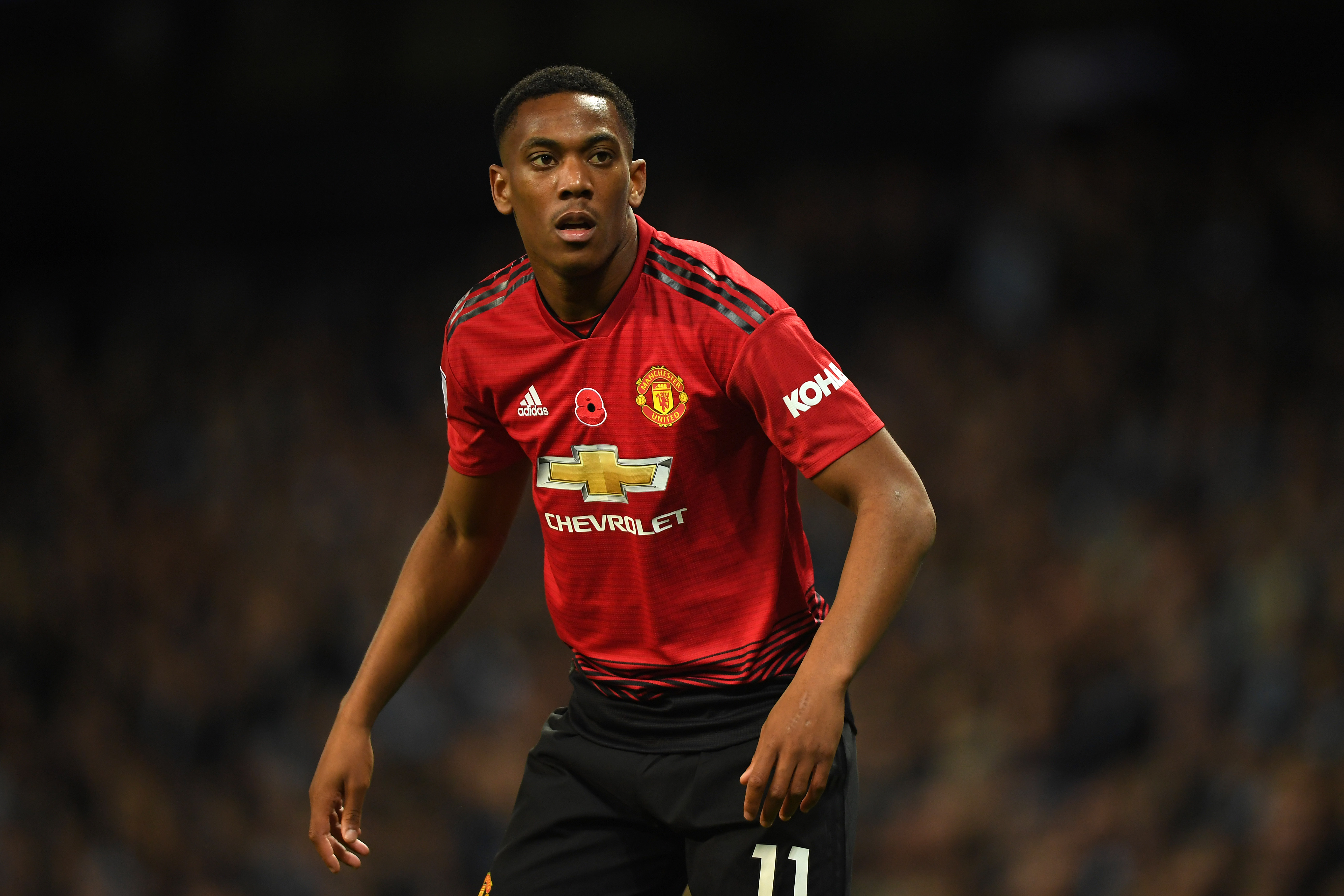 MANCHESTER, ENGLAND - NOVEMBER 11: Anthony Martial of Manchester United loos on during the Premier League match between Manchester City and Manchester United at Etihad Stadium on November 11, 2018 in Manchester, United Kingdom. (Photo by Mike Hewitt/Getty Images)